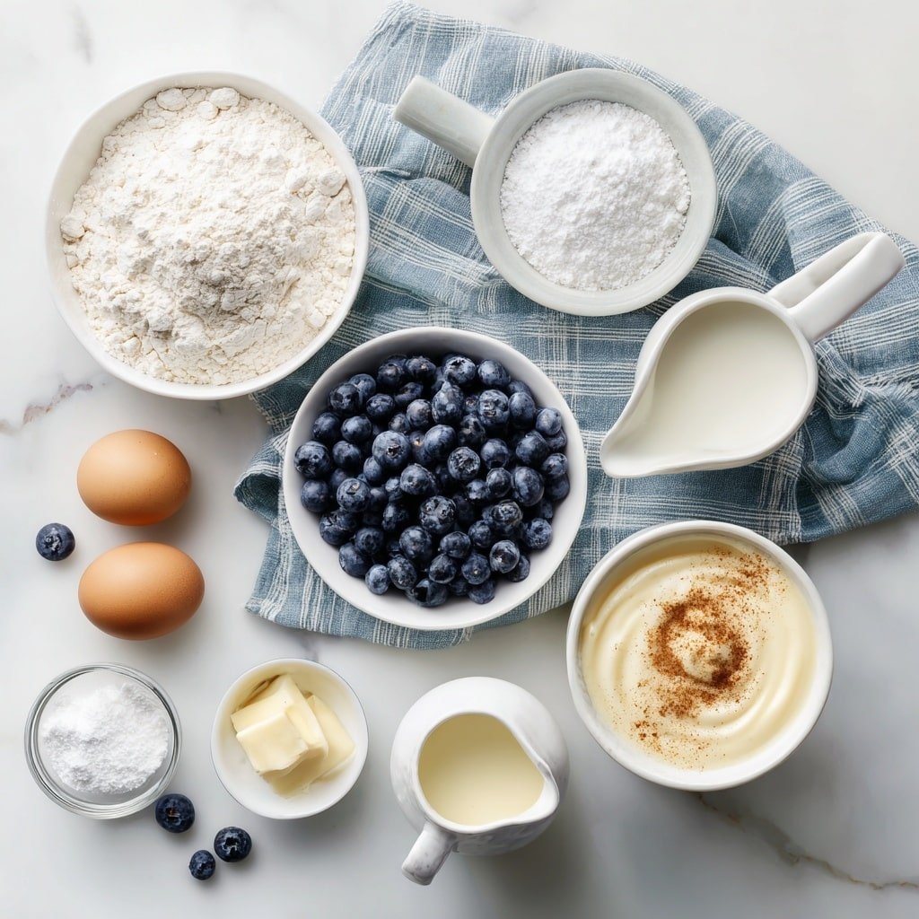 Flat lay of a small white ceramic bowl filled with all-purpose flour, a small white ceramic bowl of granulated sugar, a small white ceramic bowl of fresh milk, a fresh vanilla bean pod partially split open showing seeds, two rectangular pats of pale yellow butter, and a small white ceramic bowl with finely ground nutmeg powder, all arranged symmetrically and balanced, placed on a clean white marble surface, soft natural light, photo taken with an iPhone, professional food photography style, fresh ingredients, white ceramic bowls, no bottles, no duplicates, no utensils, no packaging --ar 1:1 --v 7 --p m7354639359234015250 — Quick Vanilla Waffle Sauce, vanilla waffle topping, easy waffle sauce, homemade waffle syrup, simple breakfast sauce