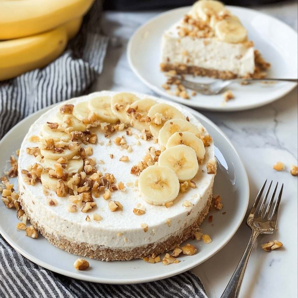 The image shows a round cake on a white plate with three clear layers: a light brown nutty base, a thick white creamy middle layer, and a smooth white top layer covered with chopped nuts and banana slices arranged in the center. A slice of the cake is served on another white plate with a silver fork, topped with a banana slice and scattered chopped nuts. The background is a white marbled surface with a striped cloth and a banana partially peeled nearby. A woman's hand is not visible in the image. photo taken with an iphone --ar 1:1 --v 7 — Vegan Banana Cream Pie Without Bake, vegan banana dessert, no-bake vegan pie recipe, dairy-free banana cream pie, gluten-free vegan pie