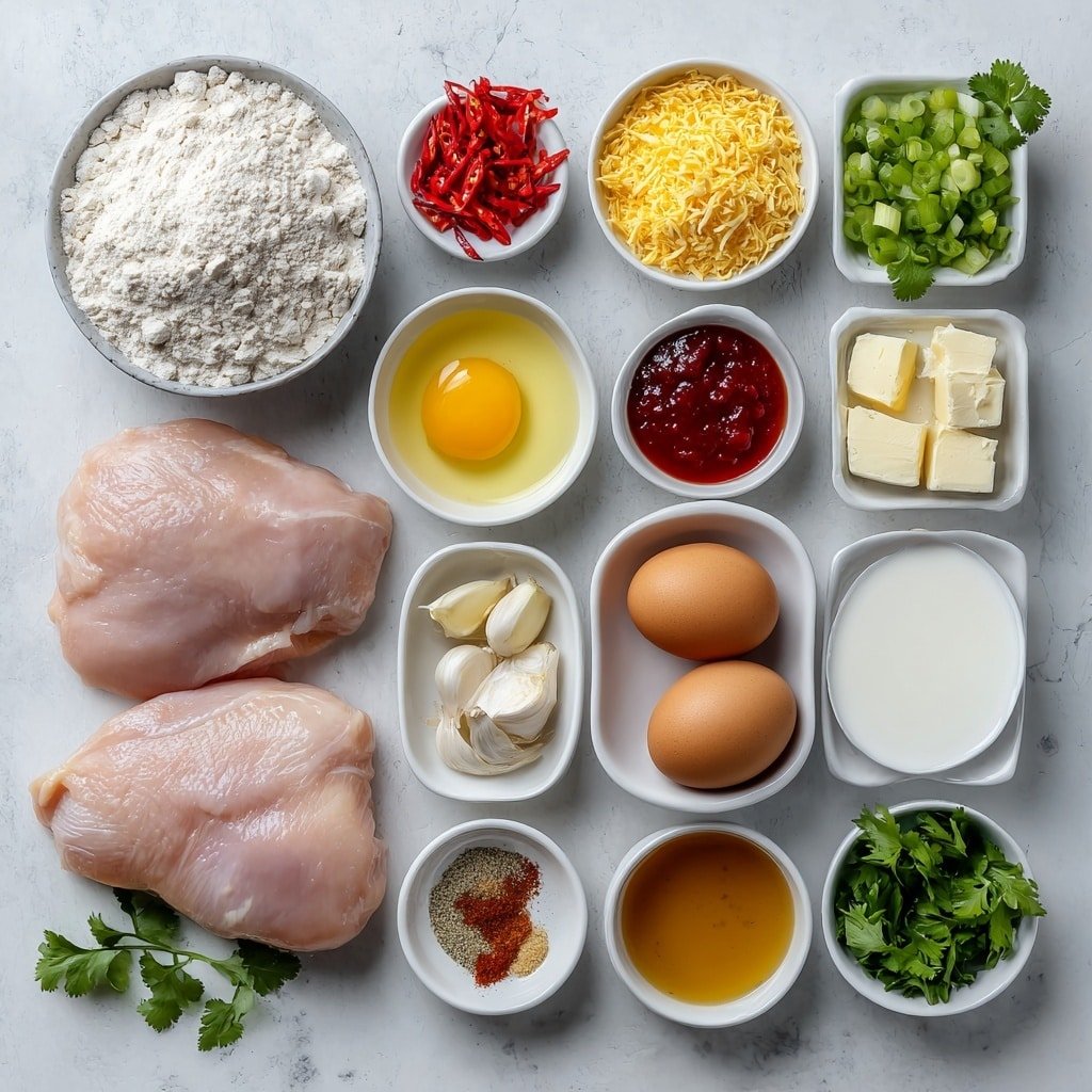 Flat lay of two large raw chicken breasts, a small white bowl of flour, a small white bowl of mixed ground spices (ginger, garlic powder, coriander, turmeric, pepper), two whole uncracked brown eggs, a small white bowl of butter cubes, a small white bowl of olive oil, two whole fresh green onions with white and green parts separated, a small white bowl of freshly grated ginger, four peeled garlic cloves, a small white bowl of smooth coconut milk, a small white bowl of cornstarch powder, a small white bowl of glossy Asian sweet chili sauce, a small white bowl of golden honey, a small white bowl of fresh lime juice, a small white bowl of soy sauce, a small white bowl of vibrant red Asian chili sauce, a small white bowl of dried basil leaves, a few sliced red fresno peppers, a small bunch of fresh cilantro sprigs, all arranged symmetrically and balanced on a clean white marble surface, soft natural light, photo taken with an iPhone, professional food photography style, fresh ingredients, white ceramic bowls, no bottles, no duplicates, no utensils, no packaging --ar 1:1 --v 7 --p m7354639359234015250 — Creamy Coconut Milk Chicken, Coconut Milk Chicken Recipe, Easy Coconut Chicken Dinner, Comforting Coconut Chicken Dish, Quick Coconut Milk Chicken