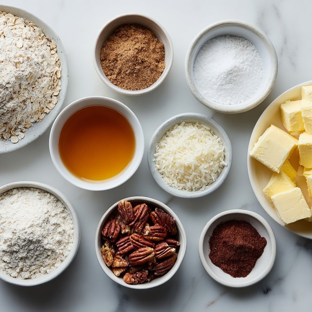 Flat lay of a small mound of old-fashioned oats, a neat pile of all-purpose flour, a small heap of shredded sweetened coconut, a compact mound of light brown sugar, a tiny pinch of sea salt crystals, a small pile of ground cinnamon, a few small cubes of unsalted butter, a small white ceramic bowl filled with amber pure maple syrup, a pinch of baking soda powder, a small white bowl with clear boiling water, a small white bowl with vanilla extract, and a handful of toasted chopped pecans, all arranged symmetrically in simple white ceramic bowls and on the surface, placed on a clean white marble surface, soft natural light, photo taken with an iPhone, professional food photography style, fresh ingredients, white ceramic bowls, no bottles, no duplicates, no utensils, no packaging --ar 1:1 --v 7 --p m7354639359234015250 — Maple Pecan Oatmeal Cookies, easy maple pecan cookies, homemade oatmeal cookies with pecans, comforting cookie recipes, oat and pecan cookie ideas
