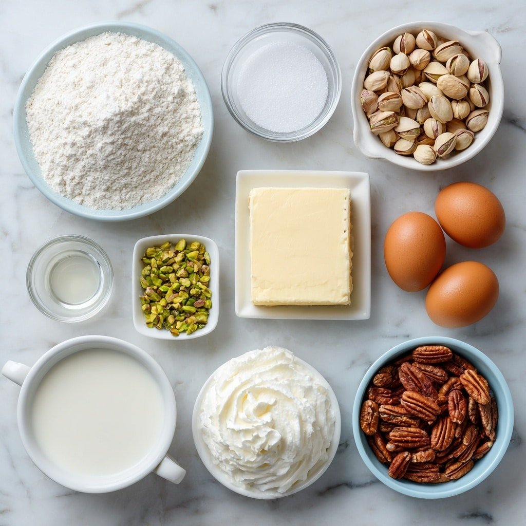 Flat lay of a small mound of all-purpose flour, a pinch of salt crystals, a small pile of white granulated sugar, cold salted butter cut into neat cubes, finely chopped green pistachios, a few ice cubes, a handful of lightly salted roasted pistachios, a smooth block of cream cheese, four whole uncracked brown eggs, a small white bowl of vanilla extract, a small white bowl of almond extract, a small white bowl of whole milk, and a small dollop of whipped cream on a white ceramic dish, all arranged in perfect symmetry, placed on a clean white marble surface, soft natural light, photo taken with an iPhone, professional food photography style, fresh ingredients, white ceramic bowls, no bottles, no duplicates, no utensils, no packaging --ar 1:1 --v 7 --p m7354639359234015250 — Pistachio Custard Pie, pistachio pie recipe, easy pistachio pie, holiday pistachio dessert, creamy pistachio custard pie