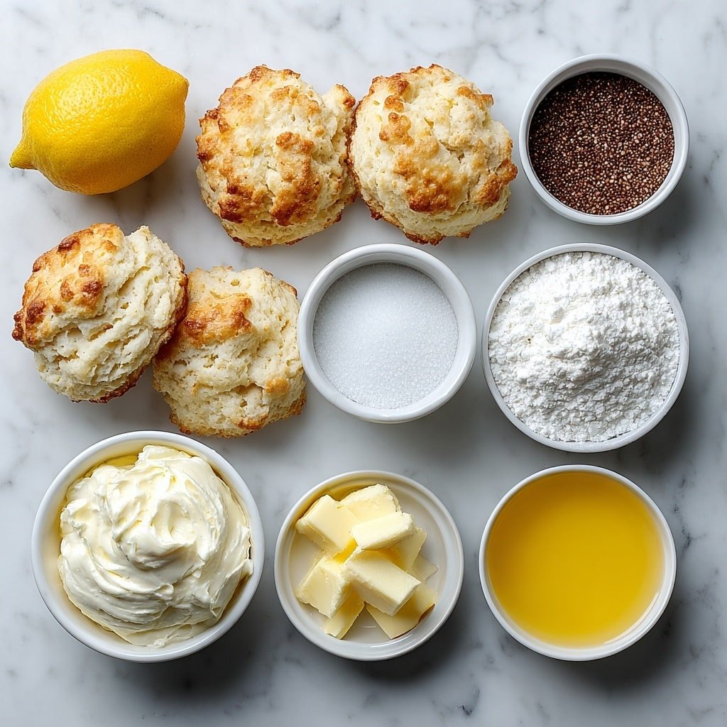 Flat lay of a dozen flaky buttermilk biscuits separated in half, a small white ceramic bowl of granulated sugar, a small white ceramic bowl of poppy seeds, a whole fresh lemon with bright yellow peel and a few lemon zest strips beside it, a small white ceramic bowl with melted golden butter, a small white ceramic bowl with room temperature pale butter, a small white ceramic bowl of softened cream cheese, a small white ceramic bowl filled with powdered sugar, all arranged symmetrically on a clean white marble surface, soft natural light, photo taken with an iPhone, professional food photography style, fresh ingredients, white ceramic bowls, no bottles, no duplicates, no utensils, no packaging --ar 1:1 --v 7 --p m7354639359234015250 — Lemon Poppy Seed Pull-Apart Bread, Lemon Poppy Seed Bread, Easy Lemon Poppy Seed Pull-Apart, Citrus Pull-Apart Bread, Breakfast Pull-Apart Bread