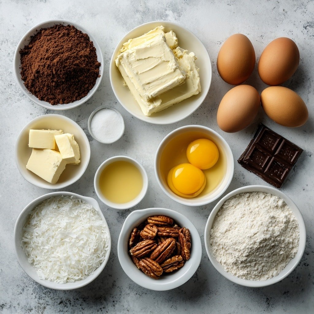 Flat lay of a small mound of finely crushed dark Oreo crumbs, a few cubes of pale unsalted butter, a smooth block of cream cheese, a small white bowl of granulated sugar, a small white bowl of all-purpose flour, a small white bowl with rich unsweetened cocoa powder, a small white bowl of creamy sour cream, a glossy slab of melted German chocolate, four whole large brown eggs with clean shells, a small white bowl containing golden evaporated milk, four whole large egg yolks separated and bright yellow, a small white bowl of clear vanilla extract, a small white bowl filled with sweet shredded coconut, a small white bowl with toasted chopped pecans — arranged with perfect symmetry and balanced proportions, all ingredients fresh and natural, no packaging, no duplicates, no utensils, no bottles, simple white ceramic bowls, placed on a clean white marble surface, soft natural light, photo taken with an iPhone, professional food photography style, fresh ingredients, white ceramic bowls, no bottles, no duplicates, no utensils, no packaging --ar 1:1 --v 7 --p m7354639359234015250 — German Chocolate Cheesecake, German Chocolate Cheesecake recipe, chocolate coconut cheesecake, Southern dessert recipes, easy cheesecake with coconut and pecan