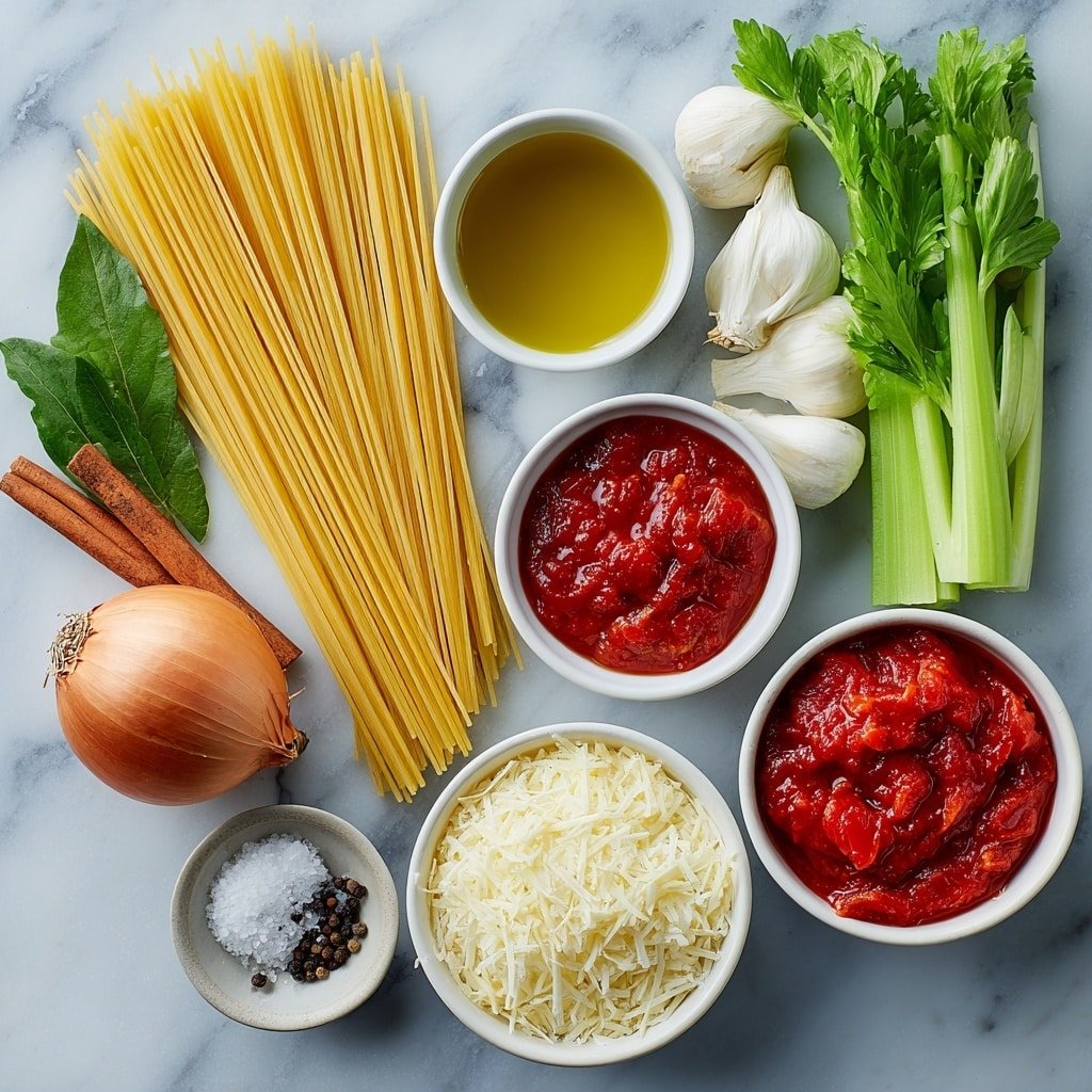 Flat lay of a handful of bucatini pasta, a small white bowl of extra virgin olive oil, one large whole red onion sliced in half showing its fresh layers, one medium carrot with bright orange color, three crisp celery stalks with leaves attached, two whole uncracked garlic bulbs, a small white bowl containing vivid red tomato paste, a small white bowl of crushed tomatoes, a couple of bay leaves, a cinnamon stick, a small white bowl of deep red dry red wine, a small white bowl of grated parmesan cheese, a few whole black peppercorns and coarse salt crystals scattered neatly, placed on a clean white marble surface, soft natural light, photo taken with an iPhone, professional food photography style, fresh ingredients, white ceramic bowls, no bottles, no duplicates, no utensils, no packaging --ar 1:1 --v 7 --p m7354639359234015250 — Greek Meat Sauce with Bucatini, Greek-inspired meat sauce, hearty Greek pasta, Mediterranean meat sauce, flavorful Greek pasta dish