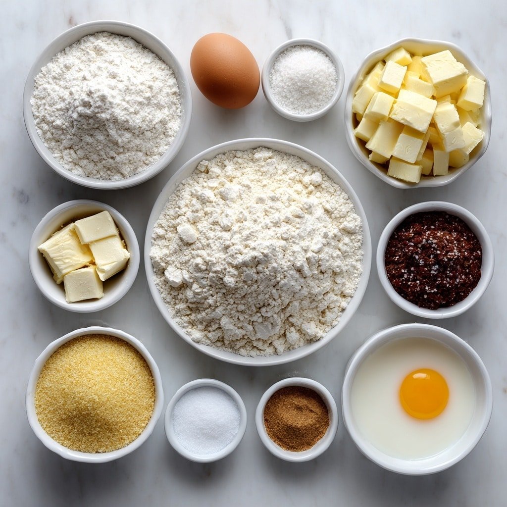 Flat lay of a small mound of all-purpose flour, a small white bowl of warmed whole milk, one whole uncracked brown egg, a small pat of softened unsalted butter, a small white bowl of instant yeast granules, a small white bowl of granulated sugar, a small white bowl of fine vanilla sugar, a small pinch of salt crystals, a small block of cream cheese, a small white bowl of granulated sugar, two fresh peeled and diced apples, a small white bowl of brown sugar, a small white bowl of ground cinnamon, a small white bowl containing a cornstarch slurry (cornstarch mixed with water), a small chunk of cold butter, a small white bowl of sugar, a small white bowl of flour, a small white bowl of powdered sugar, a small white bowl of milk, one whole uncracked egg yolk, all arranged symmetrically over a simple white ceramic plate and bowls placed on a clean white marble surface, soft natural light, photo taken with an iPhone, professional food photography style, fresh ingredients, white ceramic bowls, no bottles, no duplicates, no utensils, no packaging --ar 1:1 --v 7 --p m7354639359234015250 — Apple Cheesecake Streusel Buns, apple cheesecake buns, cinnamon apple buns with streusel, easy apple breakfast buns, fall dessert buns