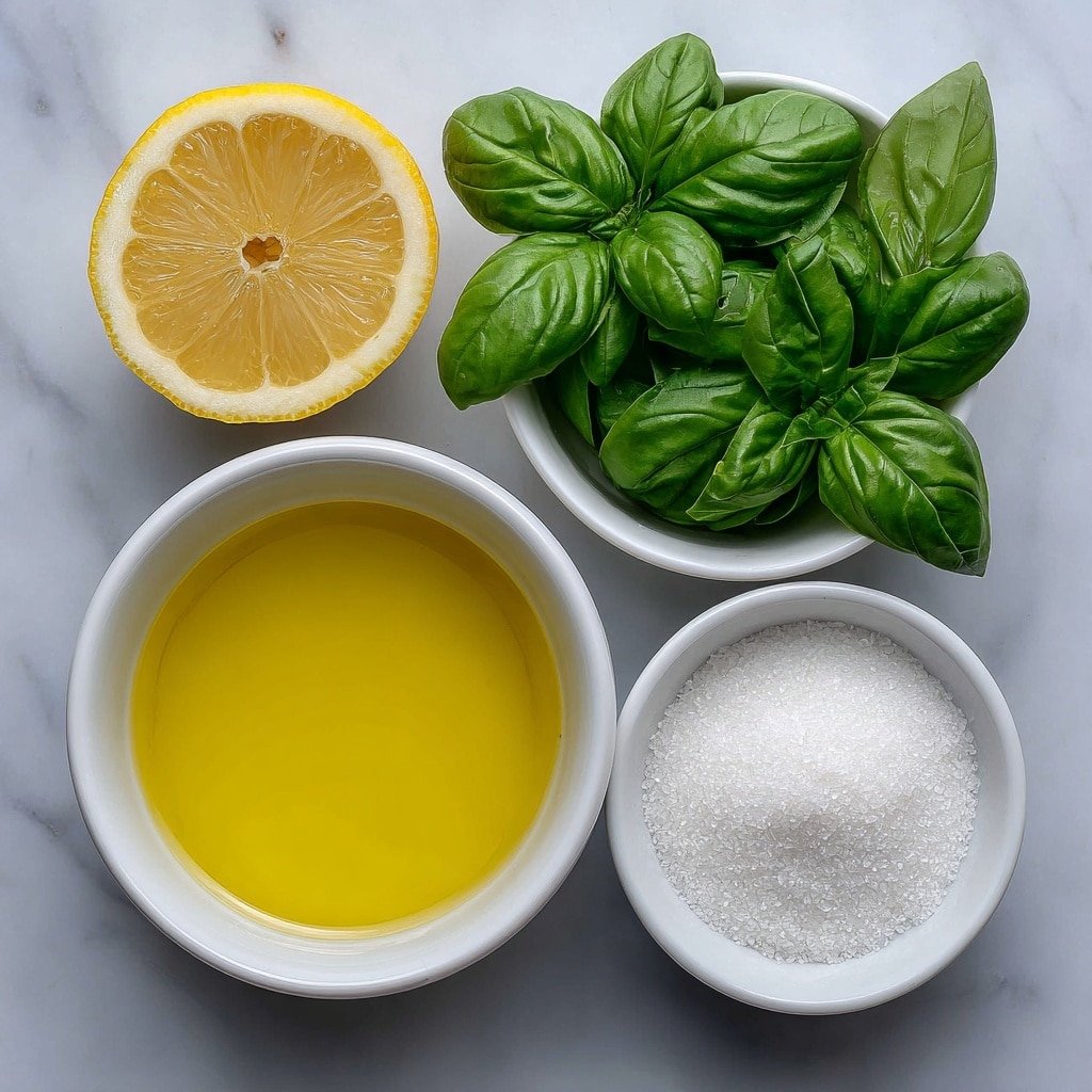 Flat lay of a simple white ceramic bowl filled with bright yellow freshly squeezed lemon juice, a small pile of vibrant green fresh basil leaves arranged neatly on the side, a small white bowl containing fine white granulated sugar, and a small white bowl of clear filtered water, all placed with perfect symmetry and balanced proportions, placed on a clean white marble surface, soft natural light, photo taken with an iPhone, professional food photography style, fresh ingredients, white ceramic bowls, no bottles, no duplicates, no utensils, no packaging --ar 1:1 --v 7 --p m7354639359234015250 — Lemon Basil Sorbet, lemon basil sorbet recipe, homemade lemon basil sorbet, summer lemon basil dessert, refreshing lemon basil frozen treat