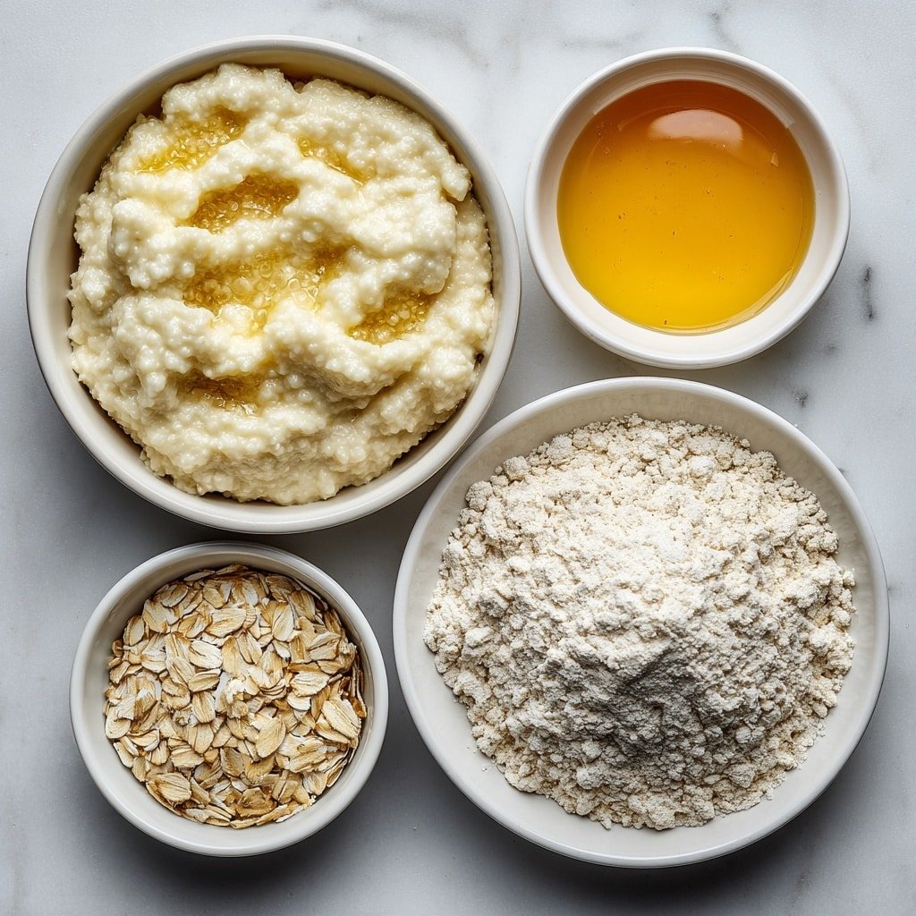 Flat lay of a small white bowl filled with bubbly sourdough starter, a small white bowl of golden honey, a small white bowl of clear water, a small white bowl piled with fresh rolled oats, a mound of pale bread flour on a white ceramic plate, and a small white bowl of fine salt, all arranged in perfect symmetry placed on a clean white marble surface, soft natural light, photo taken with an iPhone, professional food photography style, fresh ingredients, white ceramic bowls, no bottles, no duplicates, no utensils, no packaging --ar 1:1 --v 7 --p m7354639359234015250 — Honey Oat Sourdough Bread, Sourdough Bread with Honey and Oats, Homemade Honey Oat Bread, Rustic Honey Oat Sourdough, Easy Honey Oat Bread Recipe