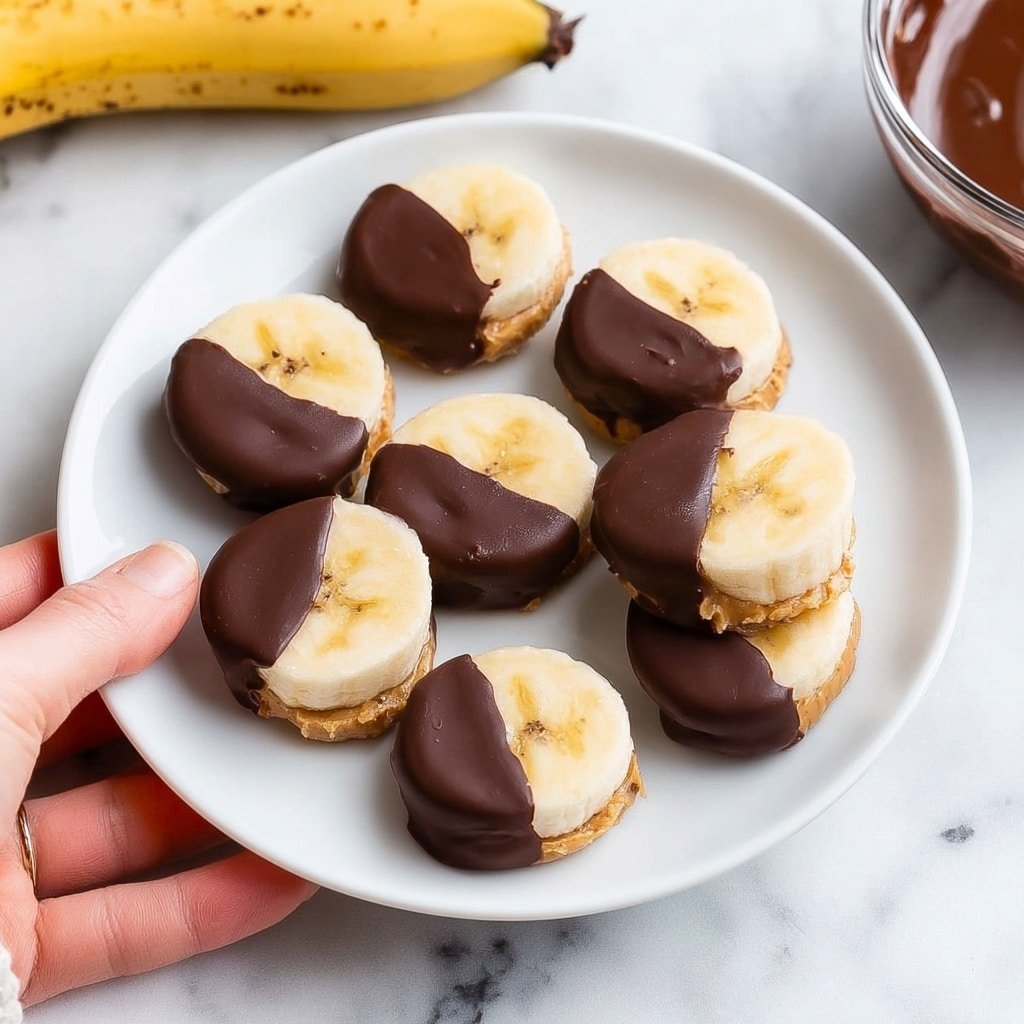 A white plate holds several bite-sized snack pieces, each made of two round banana slices with a layer of light brown peanut butter in the middle. Half of each banana sandwich is dipped in smooth, dark chocolate, creating a dark brown glossy coating that covers one side of each piece. The banana slices are pale yellow with soft textures, and a woman's hand is holding the plate on the left side. In the background, there is a white marbled surface with a bowl of melted chocolate visible in the top right corner and part of a banana at the top left. photo taken with an iphone --ar 1:1 --v 7 — Chocolate Peanut Butter Banana Bites, easy banana dessert, healthy snack ideas, no-bake fruit treats, chocolate banana snack