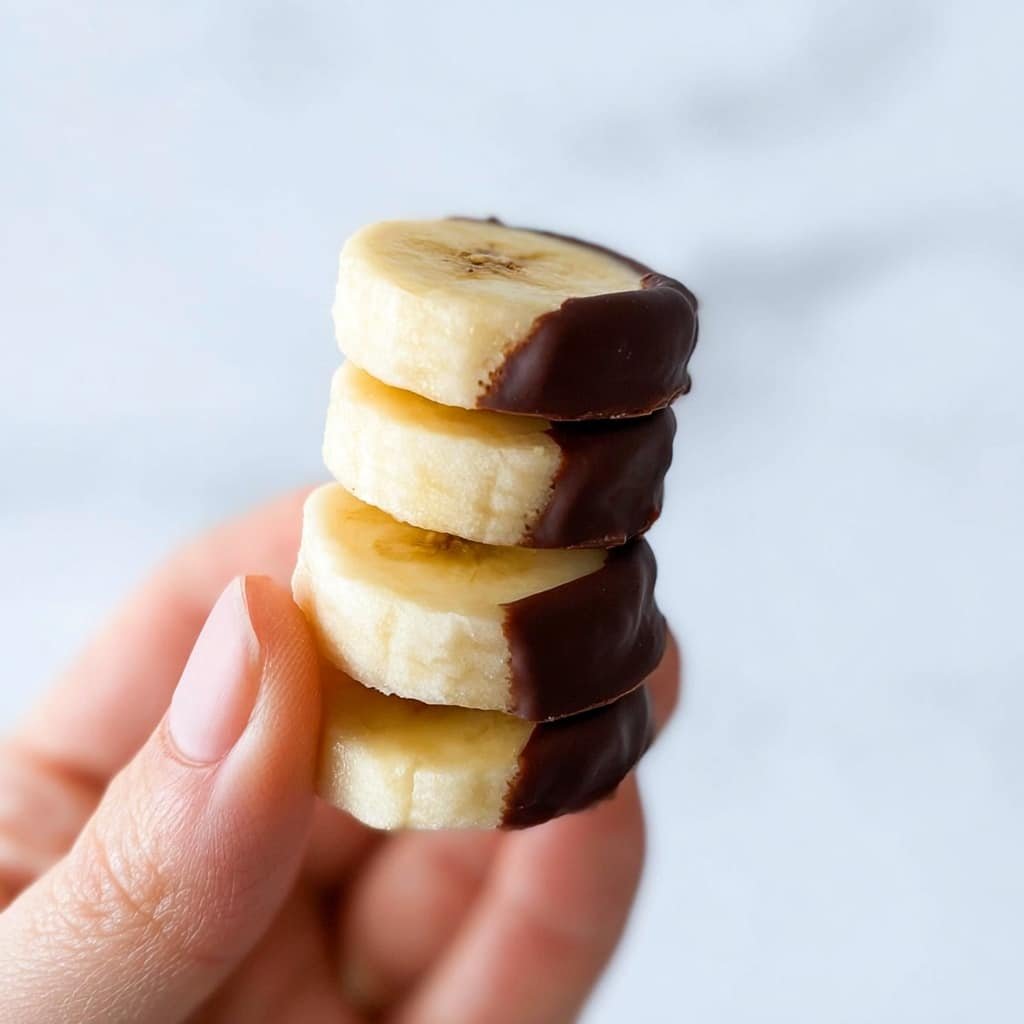A small stack of five banana slices is held between a woman's thumb and finger. Each banana slice is pale yellow with a soft, smooth texture. The top slice is half-coated in a dark chocolate layer that covers the upper half, shiny and slightly textured. The background is plain with a white marbled texture. photo taken with an iphone --ar 1:1 --v 7 — Chocolate Peanut Butter Banana Bites, easy banana dessert, healthy snack ideas, no-bake fruit treats, chocolate banana snack