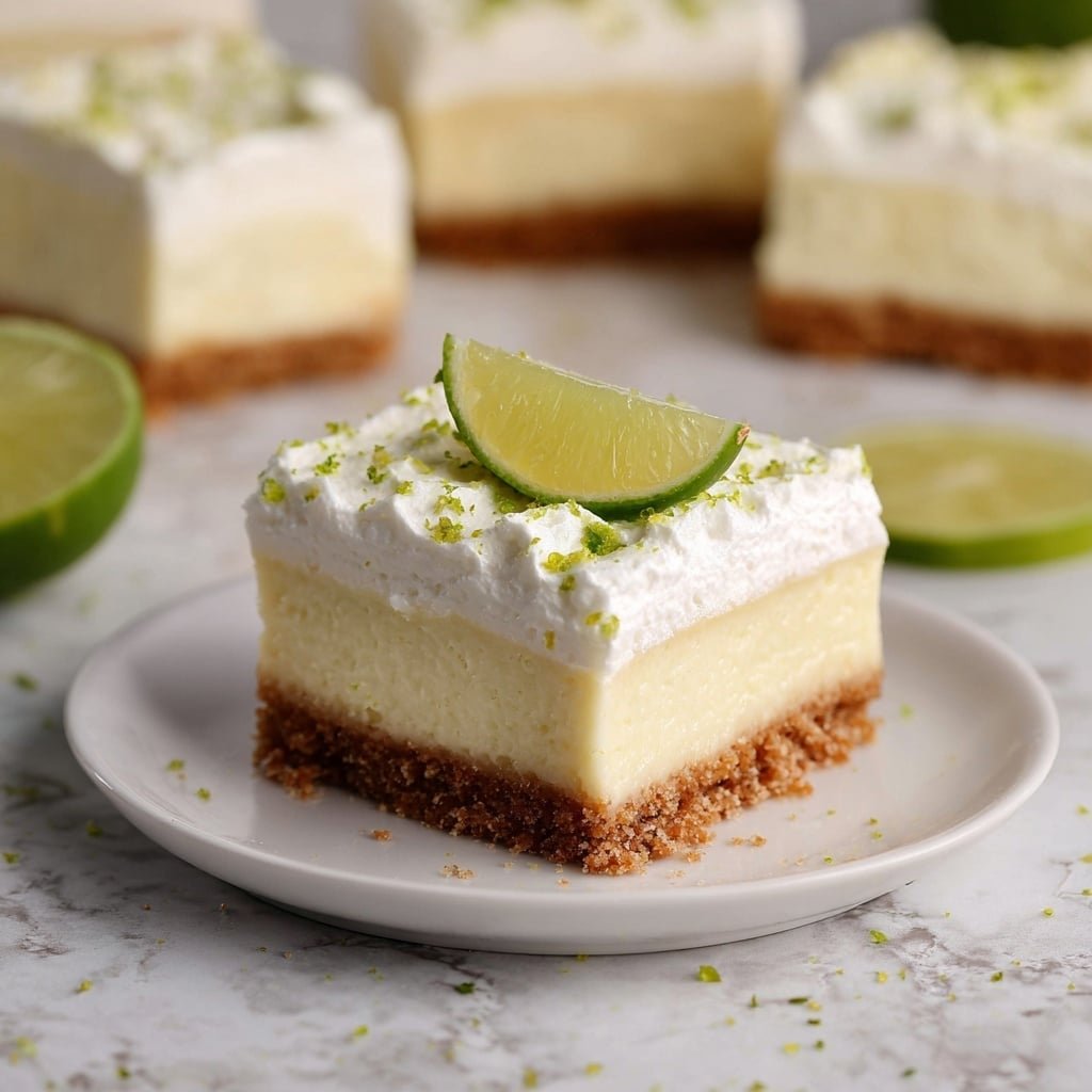 The image shows a square dessert with three layers on a white plate placed on a white marbled surface. The bottom layer is brown and crumbly, looking like a biscuit crust. The middle layer is thick and creamy, pale yellow in color. The top layer is white and fluffy, likely whipped cream, sprinkled with small green zest pieces. A small slice of lime with green skin and pale green inside sits on top of the dessert. In the background, there are more pieces of the same dessert and a few lime slices scattered around. Photo taken with an iphone --ar 1:1 --v 7 — Key Lime Pie Bars, Key Lime Pie Bars recipe, citrus dessert bars, easy lime bar recipe, summer dessert bars