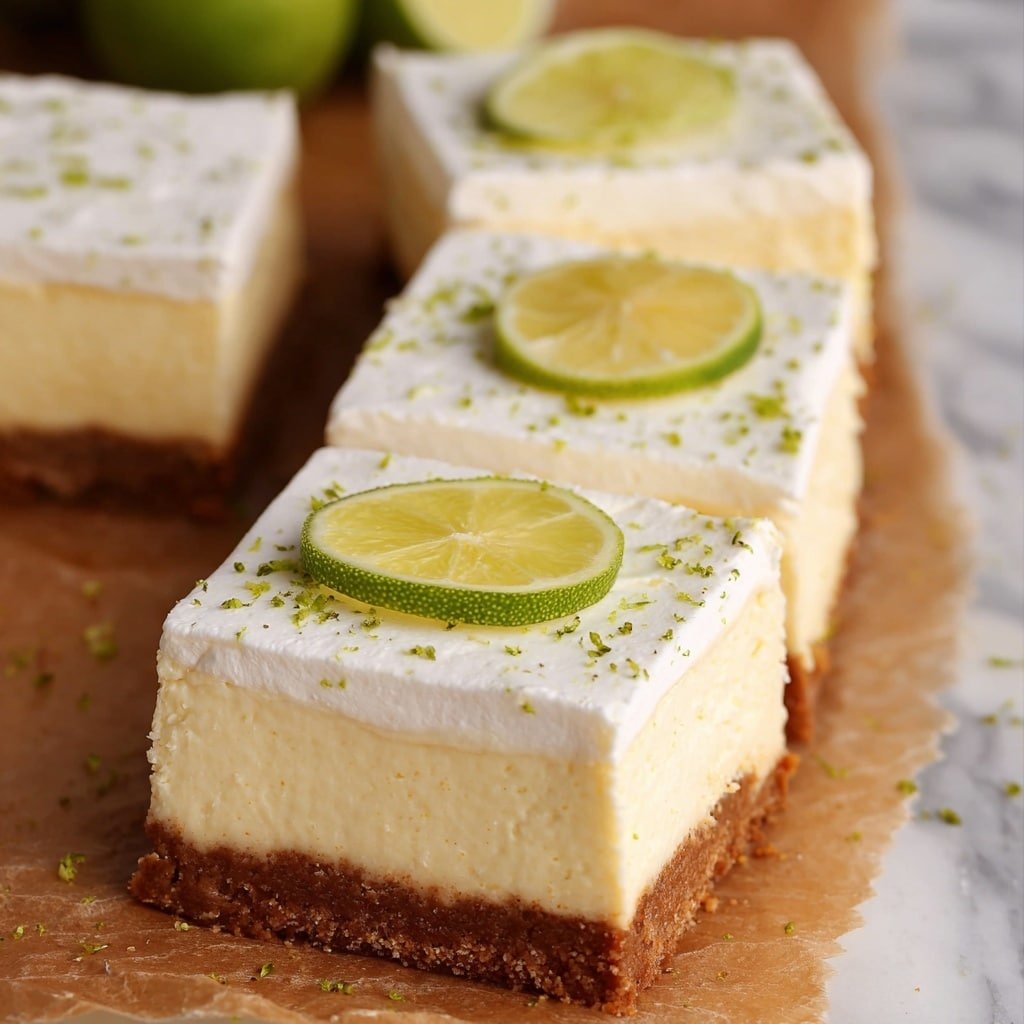 The image shows four rectangular lime bars placed side by side on brown parchment paper over a white marbled surface. Each bar has three clear layers: a bottom layer of crumbly brown crust, a middle layer of pale yellow creamy lime filling, and a thick top layer of smooth white whipped cream sprinkled with small green lime zest pieces. In the foreground and background, halved and quartered fresh limes with bright green skin and light green juicy flesh are visible, adding a fresh touch. The photo is taken with an iphone --ar 1:1 --v 7 — Key Lime Pie Bars, Key Lime Pie Bars recipe, citrus dessert bars, easy lime bar recipe, summer dessert bars