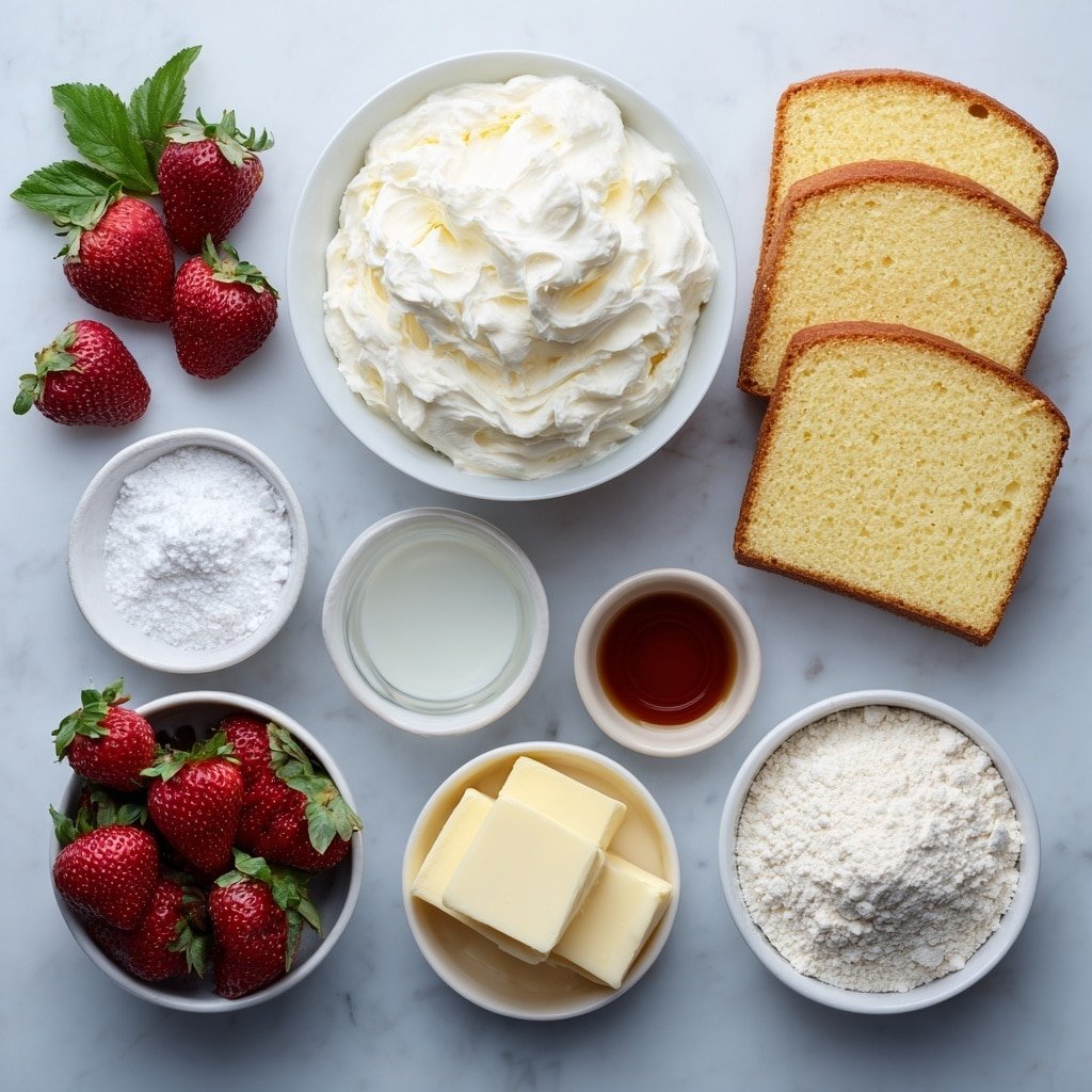 Flat lay of fresh whole strawberries with green leaves, a small white ceramic bowl of fluffy whipped cream, several thick slices of golden pound cake, a small white ceramic bowl of fine all-purpose flour, a small white ceramic bowl of granulated sugar, a small white ceramic bowl of pale baking powder, a small white ceramic bowl of fine salt, a small white ceramic bowl with softened unsalted butter, a small white ceramic bowl of fresh milk, a small white ceramic bowl with clear vanilla extract placed symmetrically on a clean white marble surface, soft natural light, photo taken with an iPhone, professional food photography style, fresh ingredients, white ceramic bowls, no bottles, no duplicates, no utensils, no packaging --ar 1:1 --v 7 --p m7354639359234015250 — Strawberry Shortcake Kabobs, easy strawberry shortcake dessert, summer fruit kabobs, handheld strawberry shortcake, fruit and cake skewer