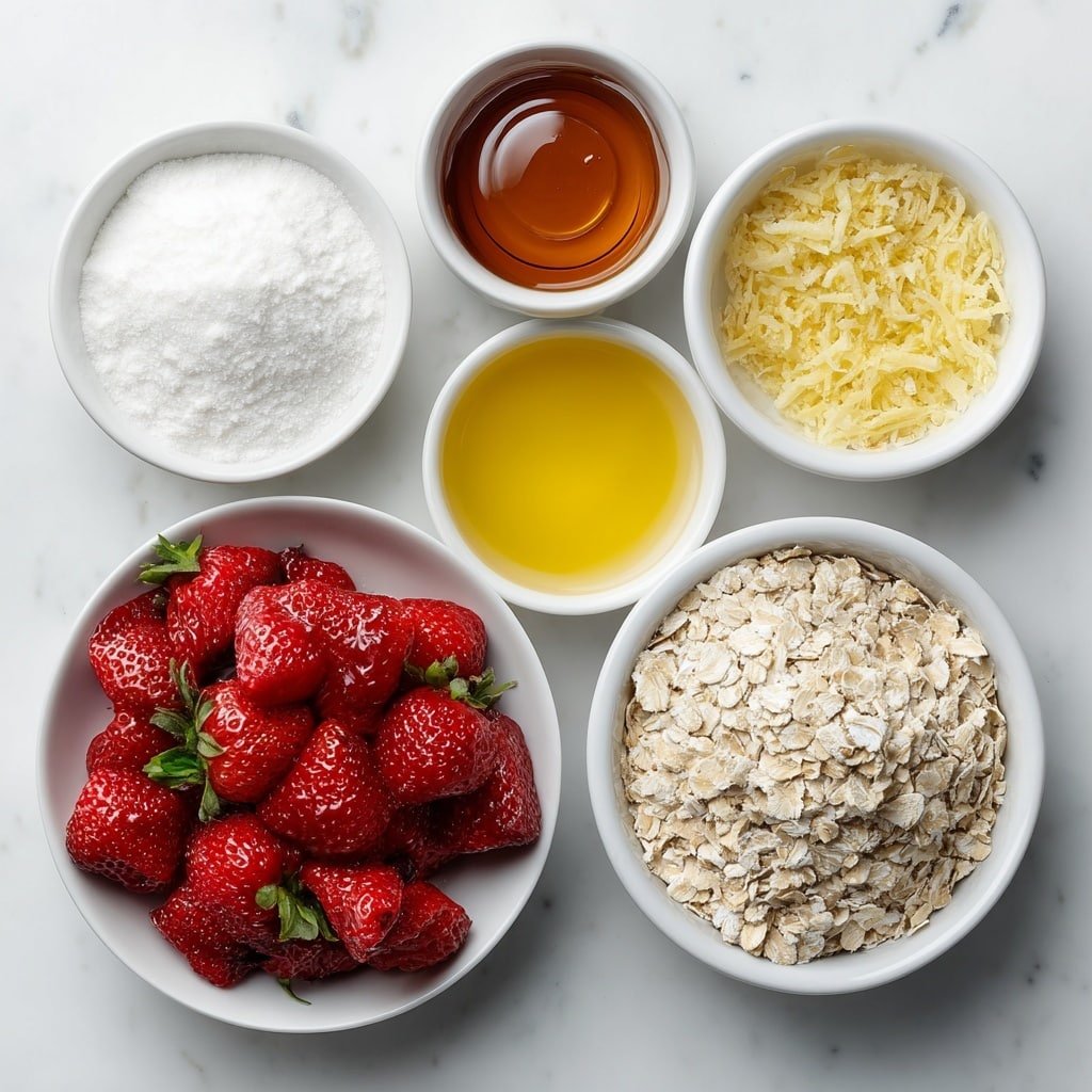 Flat lay of fresh diced strawberries scattered beside a small white ceramic bowl of golden maple syrup, a small white bowl with bright yellow lemon juice, a small white bowl holding vibrant, finely grated lemon zest, a tiny pinch of coarse sea salt neatly arranged on the surface, a small white bowl containing fine white tapioca starch, a small heap of pale rolled oats, a small pile of light almond flour, a small white bowl with fluffy white baking soda, a small mound of solid white coconut oil, all perfectly balanced and symmetrically placed, placed on a clean white marble surface, soft natural light, photo taken with an iPhone, professional food photography style, fresh ingredients, white ceramic bowls, no bottles, no duplicates, no utensils, no packaging --ar 1:1 --v 7 --p m7354639359234015250 — Healthy Oatmeal Strawberry Bars, strawberry bar recipe, wholesome breakfast bars, homemade oatmeal bars, easy fruit bar recipe