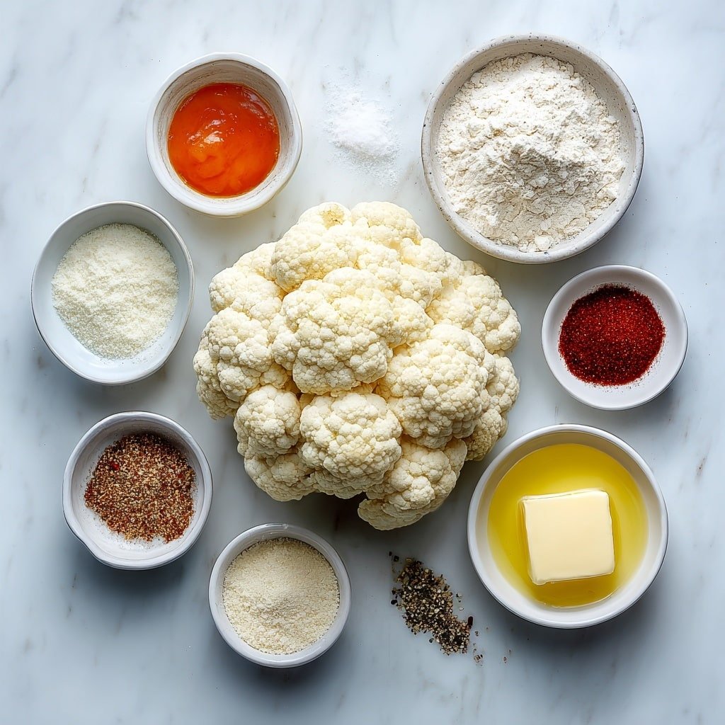 Flat lay of a medium head of cauliflower broken into bite-sized fresh florets, a small white ceramic bowl filled with white all-purpose flour, a small white ceramic bowl of clear water, loose garlic powder, loose onion powder, smoked paprika, salt, and black pepper arranged in small neat piles on the white surface, a small white ceramic bowl containing bright orange buffalo sauce, and a small white ceramic bowl with melted golden butter, all ingredients placed in perfect symmetry on a clean white marble surface, soft natural light, photo taken with an iPhone, professional food photography style, fresh ingredients, white ceramic bowls, no bottles, no duplicates, no utensils, no packaging --ar 1:1 --v 7 --p m7354639359234015250 — Air Fryer Buffalo Cauliflower, crispy buffalo cauliflower, healthy cauliflower appetizer, buffalo cauliflower snack, easy air fryer cauliflower