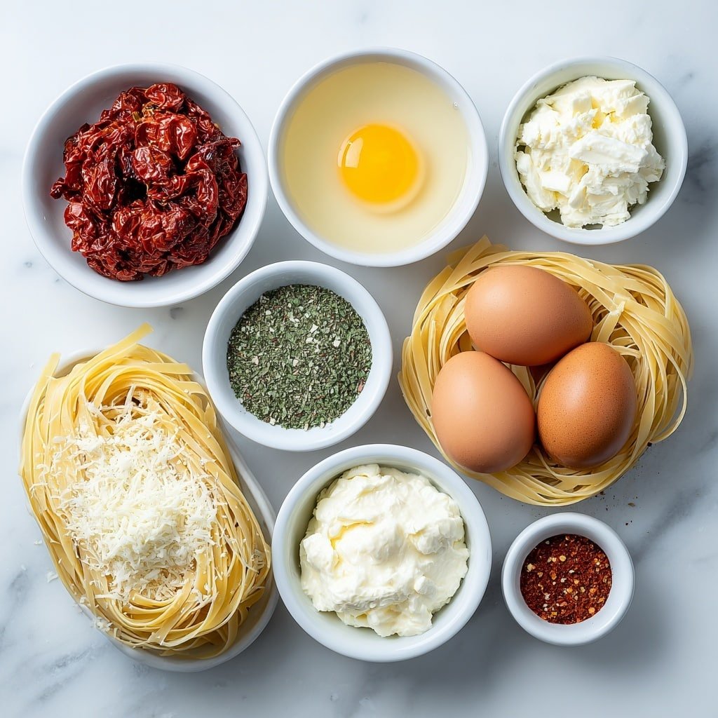 Flat lay of three whole uncracked brown eggs, three cloves of fresh garlic, a small white bowl of golden butter, a small white bowl of rich chicken stock, a small white bowl of creamy half and half, a small white bowl of bright red sun-dried tomatoes appearing plump and oily (oil drained), a neat bundle of uncooked angel hair pasta, a small white bowl of finely grated Parmesan cheese, a small white bowl of softened cream cheese, a small white bowl with mixed Italian seasoning herbs, a small white bowl of freshly cracked black pepper, a small white bowl of fine sea salt, and a small white bowl of crushed red pepper flakes, all arranged symmetrically on a clean white marble surface, soft natural light, photo taken with an iPhone, professional food photography style, fresh ingredients, white ceramic bowls, no bottles, no duplicates, no utensils, no packaging --ar 1:1 --v 7 --p m7354639359234015250 — Sun-Dried Tomato Pasta, easy sun-dried tomato pasta, quick pasta with sun-dried tomatoes, flavorful pasta recipes, simple weeknight pasta