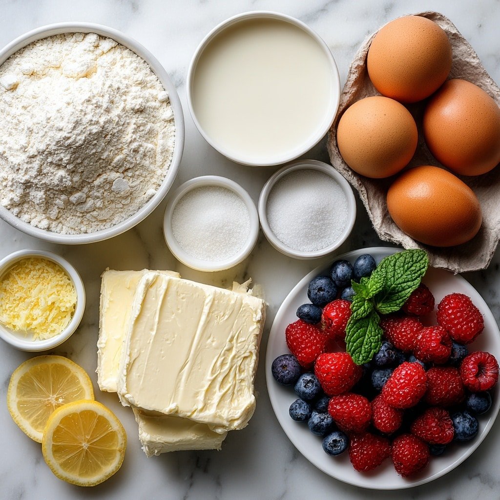 Flat lay of a small pile of smooth all-purpose flour on a white ceramic plate, a small white bowl filled with fresh milk, a small white bowl with granulated sugar crystals, four whole uncracked large brown eggs arranged perfectly, a small white bowl holding softened butter, a mound of creamy low-fat ricotta cheese on a white ceramic dish, a soft block of cream cheese on a simple white plate, a small white bowl with lemon juice, fresh lemon zest scattered lightly, some fresh mixed berries including raspberries and blueberries on a white ceramic plate, a few bright green mint sprigs beside the berries, and a small white bowl of powdered sugar, all placed on a clean white marble surface, soft natural light, photo taken with an iPhone, professional food photography style, fresh ingredients, white ceramic bowls, no bottles, no duplicates, no utensils, no packaging --ar 1:1 --v 7 --p m7354639359234015250 — Cheese Blintzes with Berry Sauce, how to make cheese blintzes, homemade berry sauce for blintzes, easy blintz recipes, breakfast blintzes with fruit sauce