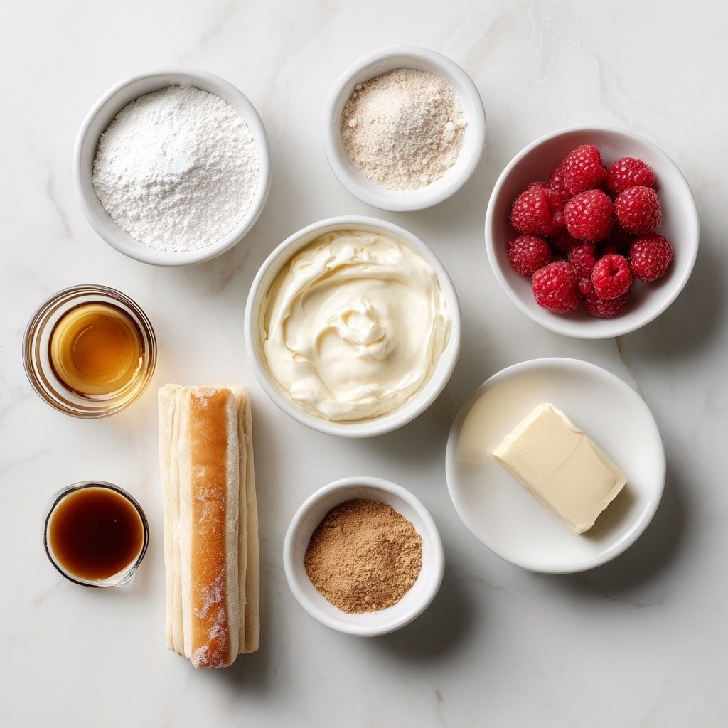 Flat lay of a neatly arranged sheet of fresh crescent roll dough, two blocks of creamy white cream cheese, a small white bowl of fine granulated sugar, a small white bowl of golden melted butter, a small white bowl of warm brown cinnamon powder, and a small white bowl of clear vanilla extract placed on a clean white marble surface, soft natural light, photo taken with an iPhone, professional food photography style, fresh ingredients, white ceramic bowls, no bottles, no duplicates, no utensils, no packaging --ar 1:1 --v 7 --p m7354639359234015250 — Cinnamon Cream Cheese Crescent Roll Casserole, breakfast casserole with cinnamon and cream cheese, easy brunch casserole, baked cinnamon crescent bake, comforting breakfast dish