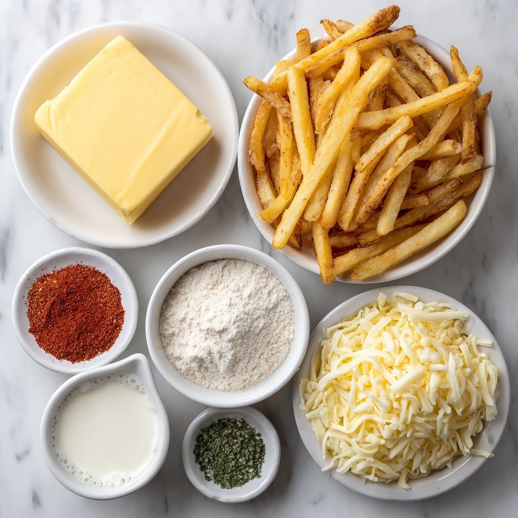 Flat lay of frozen French fries loosely piled, a small pat of fresh butter, a small mound of all-purpose flour on a white ceramic plate, a small white bowl filled with whole milk, a small heap of white granulated salt, a small pile of ground white pepper, a small mound of ranch seasoning powder, a small pinch of bright red cayenne powder, a small pile of shredded white cheddar cheese all arranged symmetrically on simple white ceramic dishes, placed on a clean white marble surface, soft natural light, photo taken with an iPhone, professional food photography style, fresh ingredients, white ceramic bowls, no bottles, no duplicates, no utensils, no packaging --ar 1:1 --v 7 --p m7354639359234015250 — Louisiana Voodoo Fries, Voodoo Fries Copycat, spicy cheese fries recipe, game day snack ideas, Cajun-inspired fries