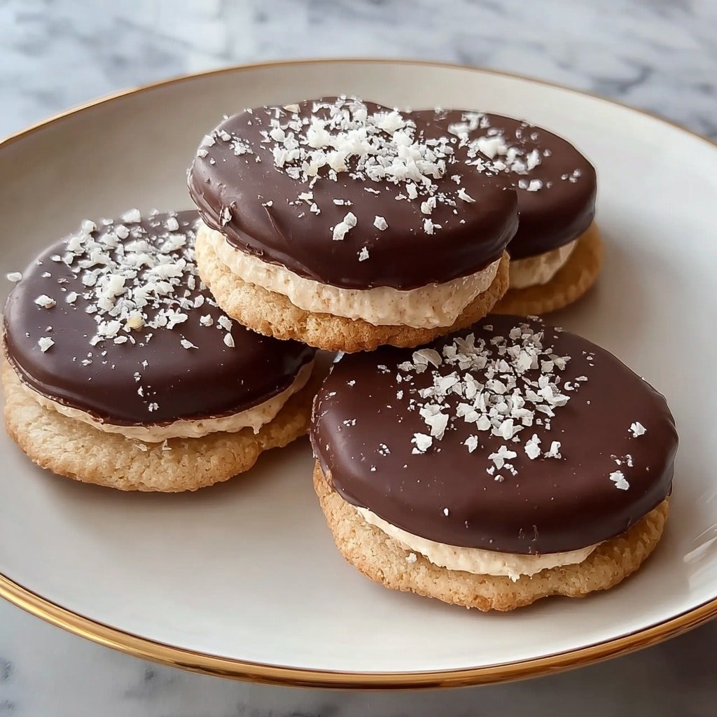 Four round sandwich cookies are placed on a white plate with a thin gold rim, sitting on a white marbled surface. Each cookie has three layers: a bottom light beige cookie layer, a middle creamy beige filling layer, and a top dark chocolate layer with a smooth texture. The chocolate tops are sprinkled with small white almond flour crumbs. The cookies are slightly stacked, showing clear separation between the layers. photo taken with an iphone --ar 1:1 --v 7 — Healthy Greek Yogurt Peanut Butter Bites, healthy snack ideas, no-bake protein bites, easy frozen treats, nutritious packed snacks
