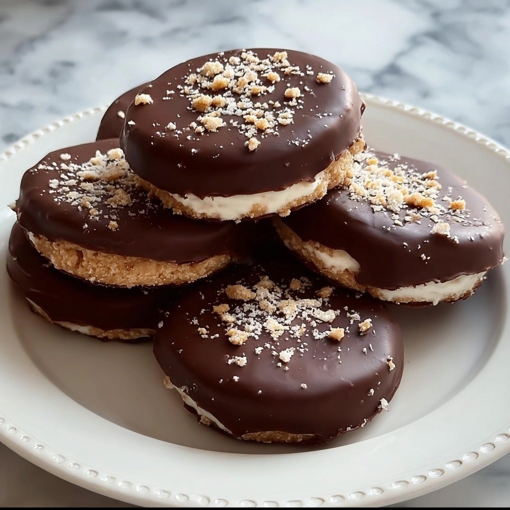 Five round cookies with a thick layer of shiny dark brown chocolate on top are placed on a white plate with a simple raised dot pattern around the edge. The chocolate layer has small bits of light beige crumbs scattered on top. The cookies show a bit of a light cream-colored base peeking from underneath the chocolate. The plate is set on a white marbled surface. Photo taken with an iphone --ar 1:1 --v 7 — Healthy Greek Yogurt Peanut Butter Bites, healthy snack ideas, no-bake protein bites, easy frozen treats, nutritious packed snacks