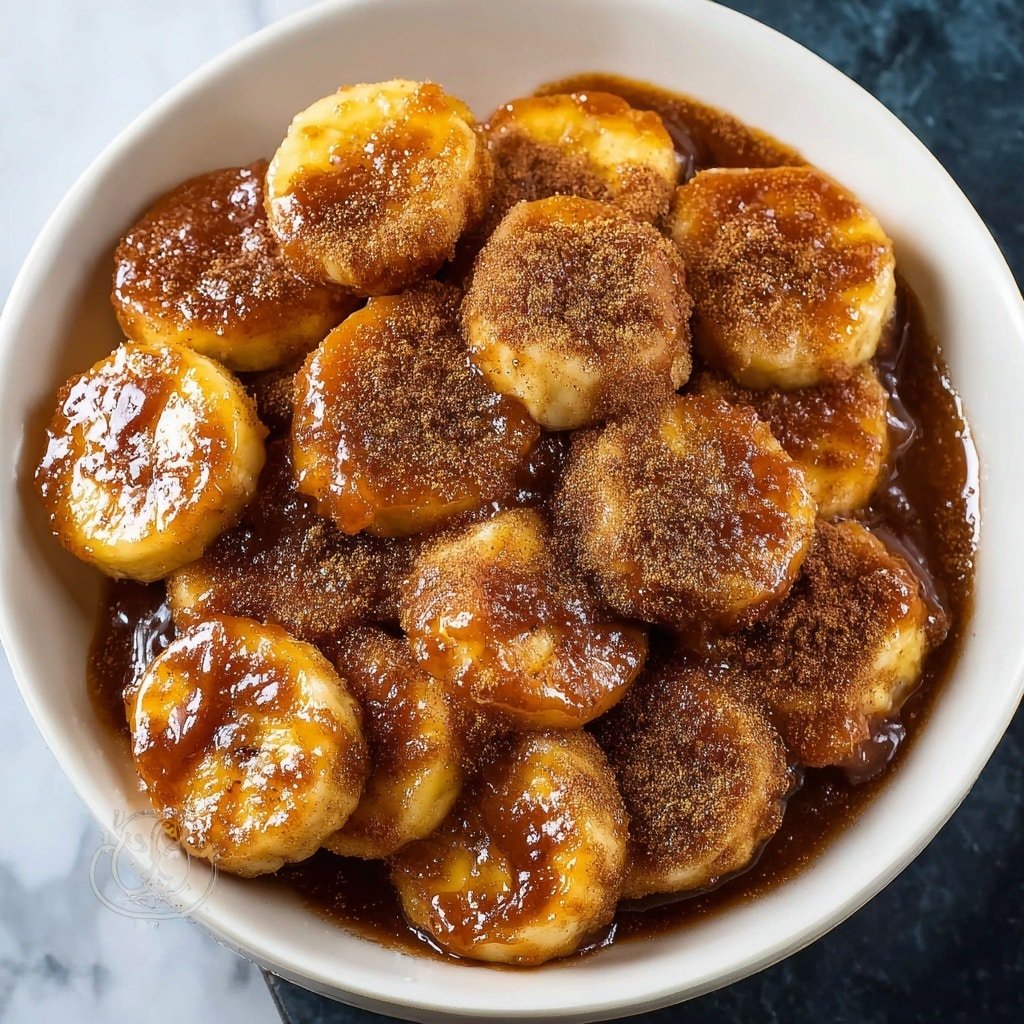 The image shows a close-up of round banana slices covered in a thick, shiny caramel-like sauce with a sprinkle of cinnamon on top. The banana slices are light yellow with a caramel brown coating that looks sticky and soft. They are arranged in a somewhat overlapping way inside a white bowl placed on a white marbled surface. The bright brown cinnamon powder is spread unevenly over the banana slices, adding a textured look. photo taken with an iphone --ar 1:1 --v 7 — Air Fryer Bananas with Cinnamon and Nutmeg, healthy banana dessert, easy air fryer fruit recipe, quick banana snack, cinnamon and nutmeg banana dish