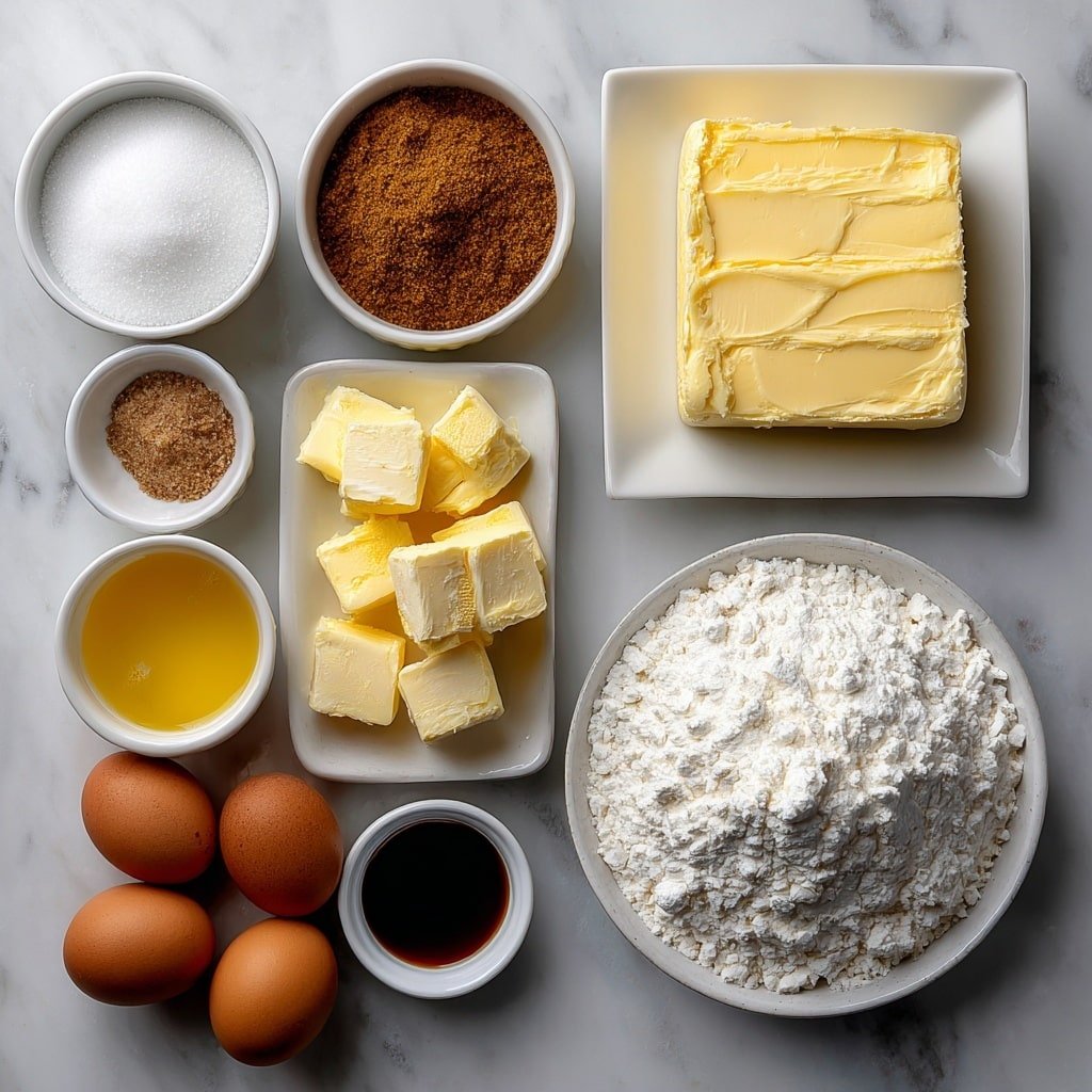 Flat lay of a small white bowl of warm water, a small white bowl of granulated sugar, a small white bowl of brown sugar, a small white bowl of ground cinnamon, a small white bowl of powdered sugar, two tablespoons of melted salted butter in a small white bowl, a few tablespoons of room temperature salted butter shaped into neat pats on a white ceramic plate, a square piece of softened cream cheese on a white ceramic dish, a small white bowl of heavy cream, three brown whole uncracked eggs, a neat pile of all-purpose flour on a white ceramic plate, and a small white bowl of vanilla extract, all arranged symmetrically with perfect balance, placed on a clean white marble surface, soft natural light, photo taken with an iPhone, professional food photography style, fresh ingredients, white ceramic bowls, no bottles, no duplicates, no utensils, no packaging --ar 1:1 --v 7 --p m7354639359234015250 — Cinnamon Twist Bread, cinnamon swirl bread, homemade cinnamon bread, easy cinnamon bread recipe, comfort baking ideas