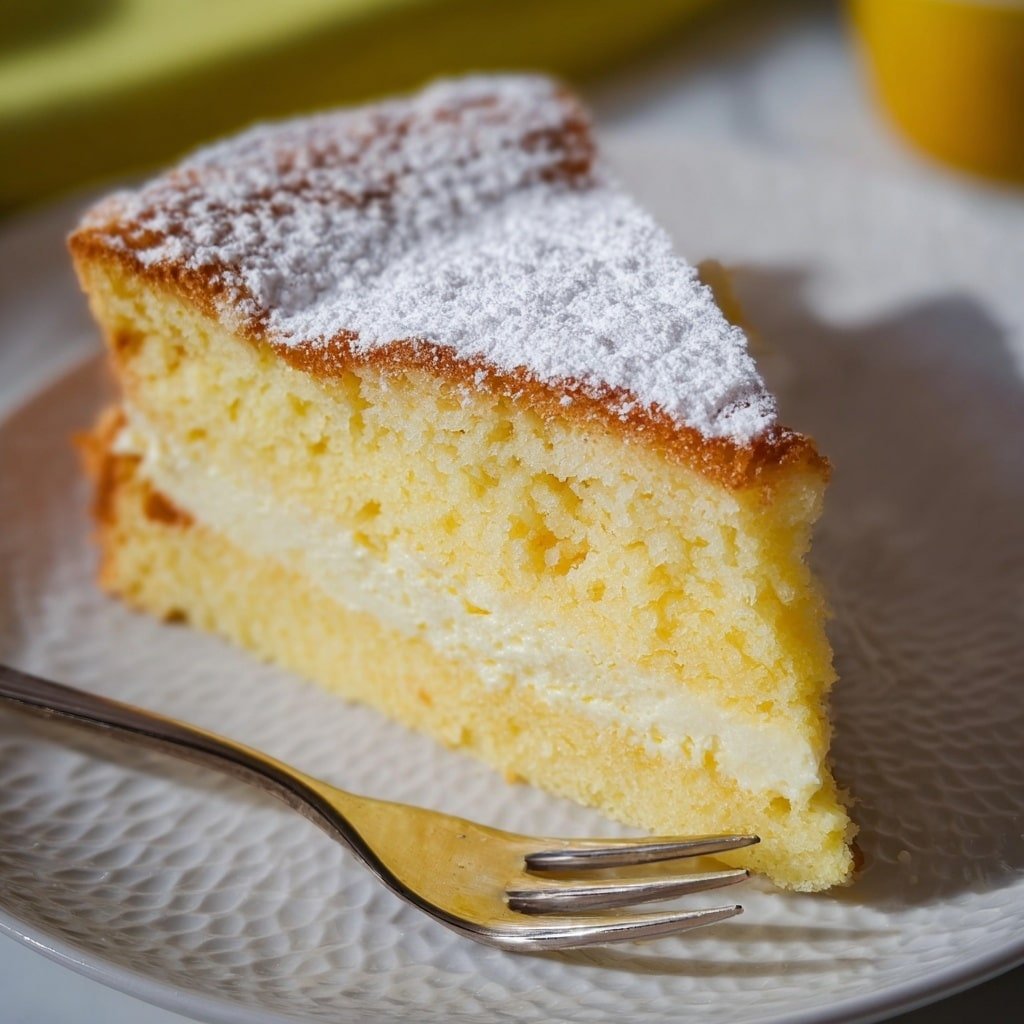 The image shows a two-layer yellow cake with a thick, creamy light beige filling in the middle. The top layer has a crumbly texture with a light dusting of sugar, giving a slight sparkle effect. The cake layers are dense with small holes visible, and the creamy layer looks smooth and thick, evenly spread between the cake layers. A slice of the cake is lifted with a metal spatula, showing the fluffy soft texture of the cake and the creamy middle. The cake sits on a wooden board with a white marbled surface beneath. photo taken with an iphone --ar 1:1 --v 7 — Lemon Mascarpone Olive Oil Cake, Lemon Olive Oil Cake Recipe, Mascarpone Lemon Cake, Fancy Olive Oil Cake, Easy Lemon Cake with Mascarpone
