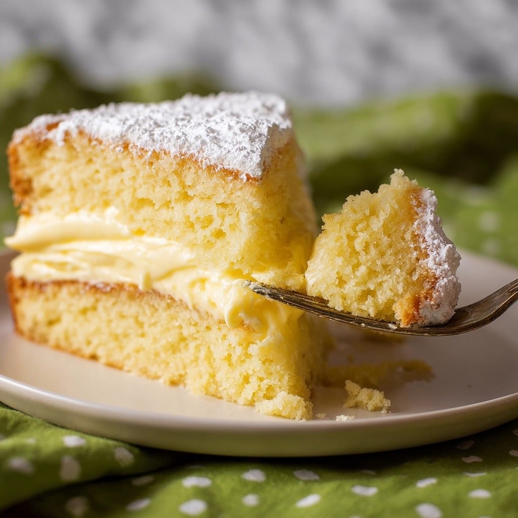 A close-up shows a piece of two-layer yellow cake with a light, fluffy texture. The bottom layer is sponge-like and pale yellow, topped with a thick middle layer of creamy, smooth yellow frosting. The top cake layer is soft and dusted lightly with white powdered sugar. A fork holds a bite of cake with both the sponge and creamy frosting visible. The cake sits on a white plate, on top of a green cloth with small white dots, with a blurred white marbled texture surface in the background. photo taken with an iphone --ar 1:1 --v 7 — Lemon Mascarpone Olive Oil Cake, Lemon Olive Oil Cake Recipe, Mascarpone Lemon Cake, Fancy Olive Oil Cake, Easy Lemon Cake with Mascarpone