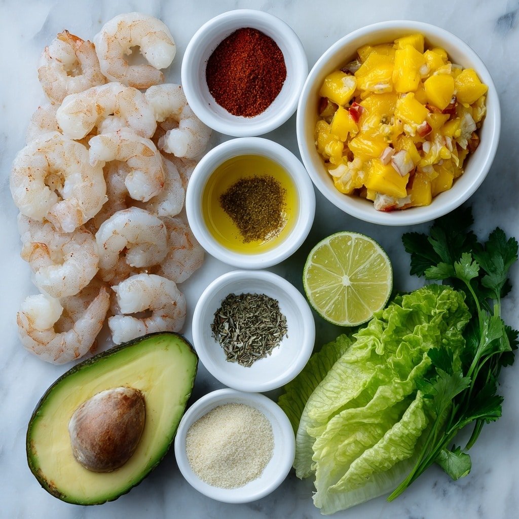 Flat lay of a pile of fresh, jumbo peeled and deveined shrimp, a halved bright green lime, a small white bowl of golden olive oil, a few sprigs of vibrant fresh cilantro, a small white bowl with a deep red paprika powder, another small white bowl with coarse black pepper, a small white bowl with dried oregano flakes, a small white bowl with dried thyme, a small white bowl with bright red cayenne pepper powder, a small white bowl with garlic salt, a small white bowl with beige onion powder, a fresh head of green leaf lettuce with crisp leaves, a small pile of diced vivid purple-red onion, a small white bowl of colorful mango salsa with chunks of orange mango and red bell pepper, a ripe halved avocado with bright green flesh and a large brown pit placed next to it all arranged symmetrically and balanced, placed on a clean white marble surface, soft natural light, photo taken with an iPhone, professional food photography style, fresh ingredients, white ceramic bowls, no bottles, no duplicates, no utensils, no packaging --ar 1:1 --v 7 --p m7354639359234015250 — Blackened Shrimp Tacos with Mango Salsa, blackened shrimp tacos, mango salsa recipe, easy shrimp tacos, healthy seafood tacos