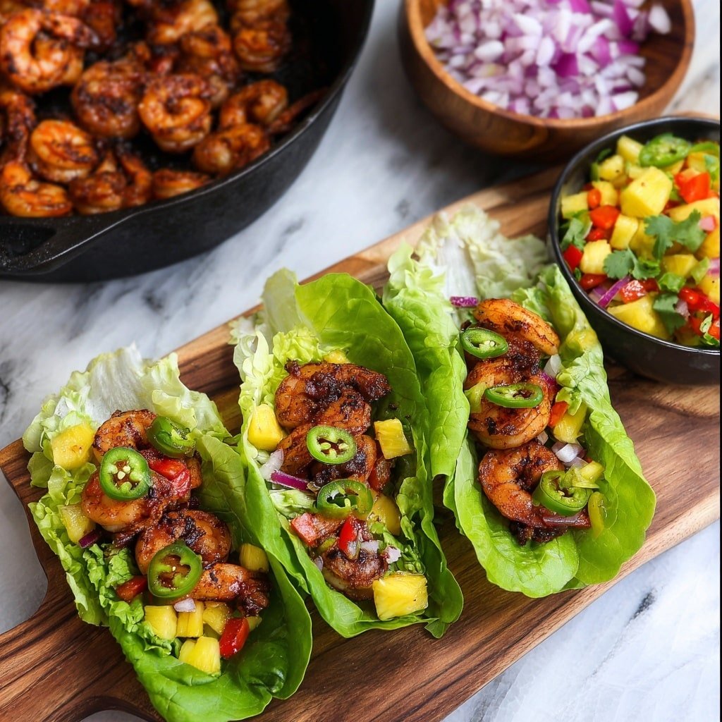 The image shows three lettuce wraps on a wooden board with a white marbled texture surface underneath. Each wrap has two layers: the first layer is bright green lettuce leaves that are fresh and crisp; the second layer inside the lettuce has browned grilled shrimp with a lightly charred texture, mixed with small pieces of yellow pineapple, red bell pepper, chopped purple onions, and thin slices of green jalapeño pepper. In the background to the left, there is a black cast iron pan with more shrimp, and on the right, there is a wooden board with chopped red onions and a bowl of pineapple salsa, all set on the white marbled surface. Photo taken with an iphone --ar 1:1 --v 7 — Blackened Shrimp Tacos with Mango Salsa, blackened shrimp tacos, mango salsa recipe, easy shrimp tacos, healthy seafood tacos