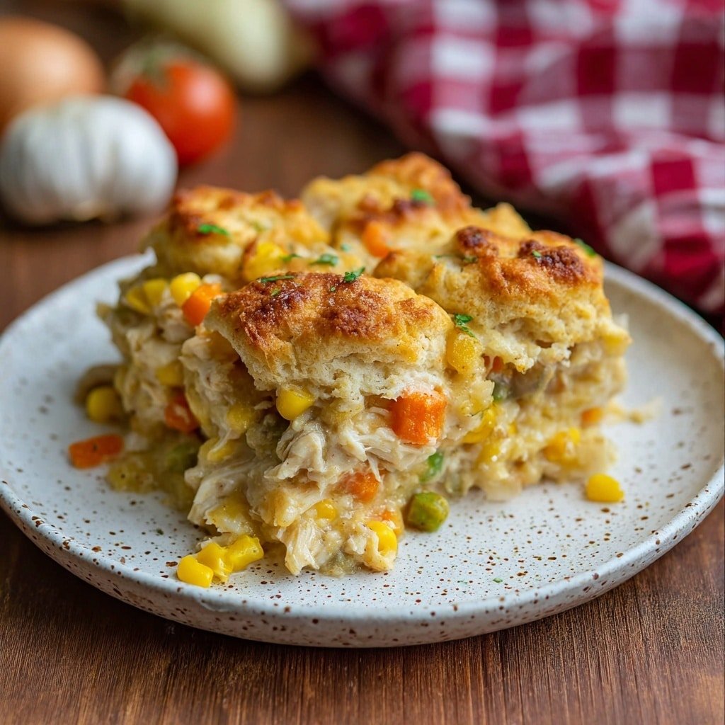 A close-up of a white speckled plate holding a serving of layered casserole. The dish has at least three visible layers: the bottom layer is a light yellow creamy sauce with bits of corn and diced orange carrots mixed in; the middle layer shows shredded white chicken mixed with more vegetables; the top layer has golden-brown biscuit pieces with melted cheese, some parts crispy and browned, adding a textured crust. The background is a wooden table with a blurred red and white checked cloth and a garlic bulb. Photo taken with an iphone --ar 1:1 --v 7 — Cheesy Chicken Pot Pie Bubble Up, comforting chicken casserole, easy pot pie bake, cheesy chicken comfort food, simple casserole recipes