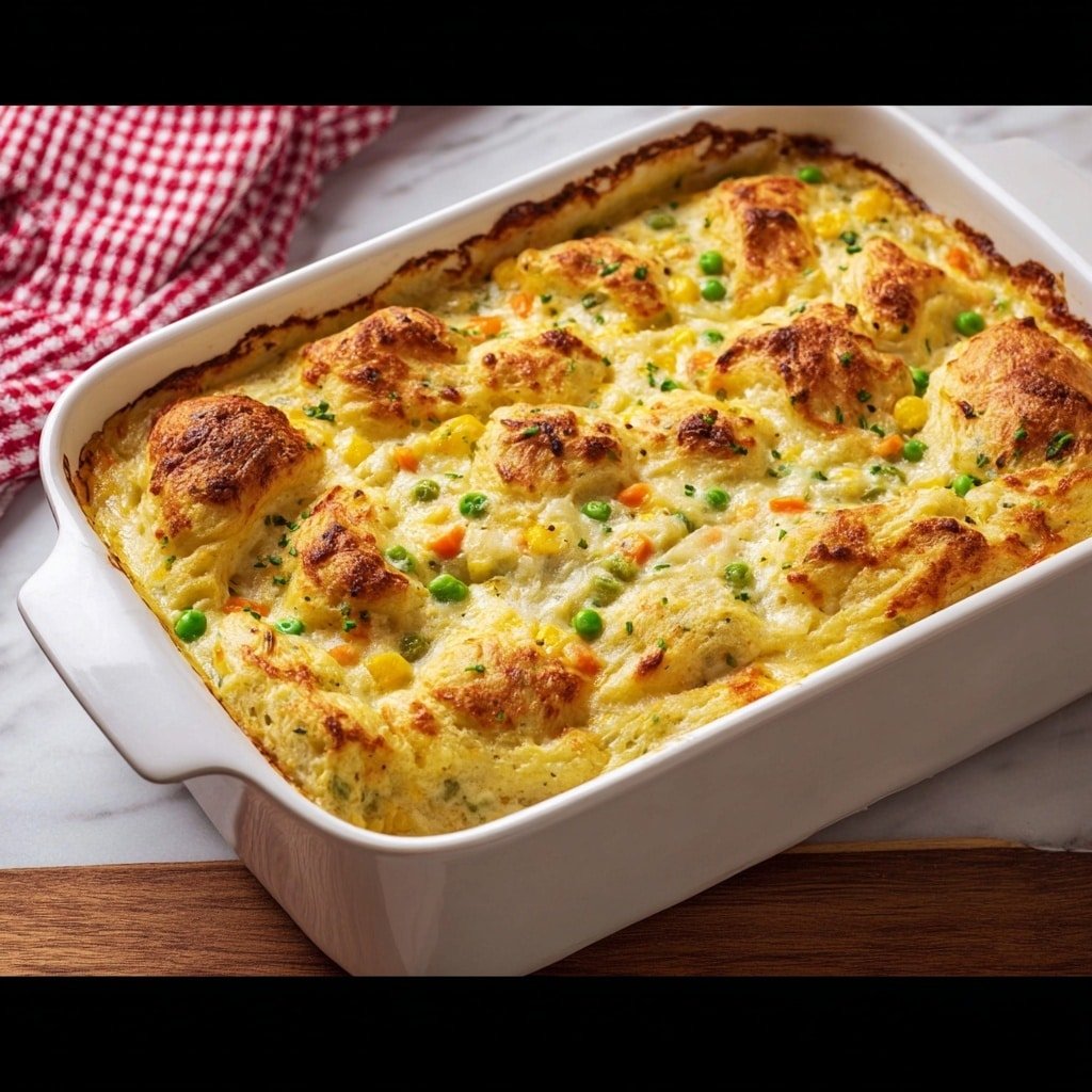 A close-up view of a fork holding a bite of chicken and corn casserole above a white plate filled with the same dish. The dish has layers of shredded white chicken mixed with soft, yellow corn pudding that has a slightly crumbly texture, along with small orange carrot pieces and bright green peas adding color. The background shows a blurred white marbled texture surface with hints of a pink and white checked cloth to the side. The fork is metallic gray and holds the food in the center of the image, while the plate and food below are softly out of focus. photo taken with an iphone --ar 1:1 --v 7 — Cheesy Chicken Pot Pie Bubble Up, comforting chicken casserole, easy pot pie bake, cheesy chicken comfort food, simple casserole recipes