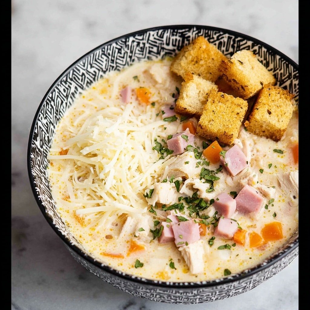 A bowl with a black and white pattern holds a creamy soup that has visible layers of ingredients. The bottom layer is a thick cream-colored broth with small pieces of white chicken, pink cubes of ham, and diced orange carrots mixed throughout. On top of the soup, there is a small pile of white shredded cheese on the left side and three square, golden-brown croutons placed on the right side. Chopped green herbs are scattered across the surface of the soup, adding a touch of color. The bowl sits on a white marbled surface. photo taken with an iphone --ar 1:1 --v 7 — Chicken Cordon Bleu Soup, Cozy Chicken Soup Recipe, Comforting Chicken Soup with Ham and Swiss, Easy Chicken Cordon Bleu Soup, Hearty Chicken and Cheese Soup