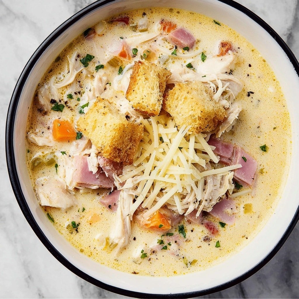A close-up view of a bowl of creamy soup showing three main layers: the creamy soup base colored light yellow and orange with visible specks of herbs, shredded white pieces of chicken mixed with small orange carrot cubes and bits of pink ham spread throughout, topped with a cluster of pale golden-brown croutons with seasoning, and a small pile of shredded white cheese to one side; tiny chopped green herbs are sprinkled over the soup. The bowl is white and sits on a white marbled surface. photo taken with an iphone --ar 1:1 --v 7 — Chicken Cordon Bleu Soup, Cozy Chicken Soup Recipe, Comforting Chicken Soup with Ham and Swiss, Easy Chicken Cordon Bleu Soup, Hearty Chicken and Cheese Soup