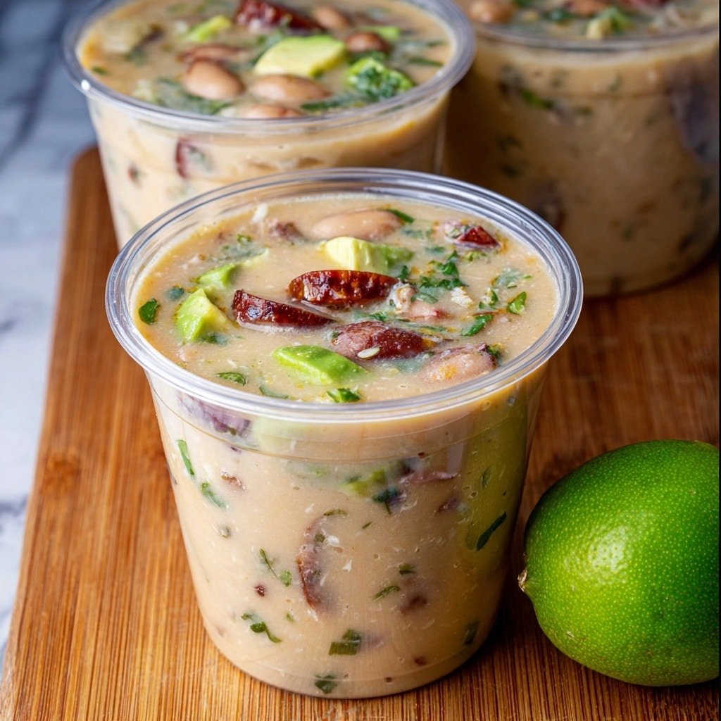 The image shows a clear plastic cup filled with a creamy soup with multiple visible layers and ingredients. The soup has a thick, light beige broth with bits of white beans, dark brown sausage slices, small green herb pieces, and chunks of pale green avocado. The ingredients are mixed but visible in layers throughout the cup. The soup cup and another similar one are placed on a wooden surface with a bright green lime in front, and a white marbled texture background is implied. Photo taken with an iphone --ar 1:1 --v 7 — Cajun White Chicken Chili, Cajun chicken chili, easy white chicken chili, spicy chicken chili, comforting chicken chili recipe