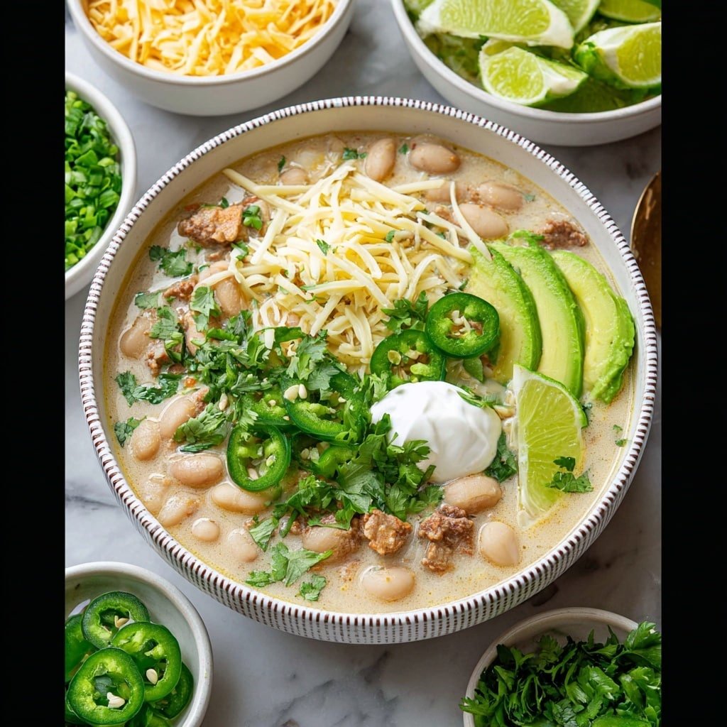 A bowl of creamy white soup filled with white beans and small pieces of chicken rests on a white marbled surface. The soup is topped with four bright slices of avocado arranged on the right side, two lime wedges near the top, a dollop of white sour cream near the lime, and a fresh green cilantro bunch on the left. There are thin strips of yellow cheese scattered on the left side, some green sliced jalapeños, and scattered small green onion pieces throughout. A drizzle of red hot sauce adds a pop of color in the center. Surrounding the main bowl are six smaller white bowls containing chopped cilantro, sliced green jalapeños, chopped green onions, shredded yellow cheese, creamy white sour cream, and more avocado slices. Photo taken with an iphone --ar 1:1 --v 7 — Cajun White Chicken Chili, Cajun chicken chili, easy white chicken chili, spicy chicken chili, comforting chicken chili recipe