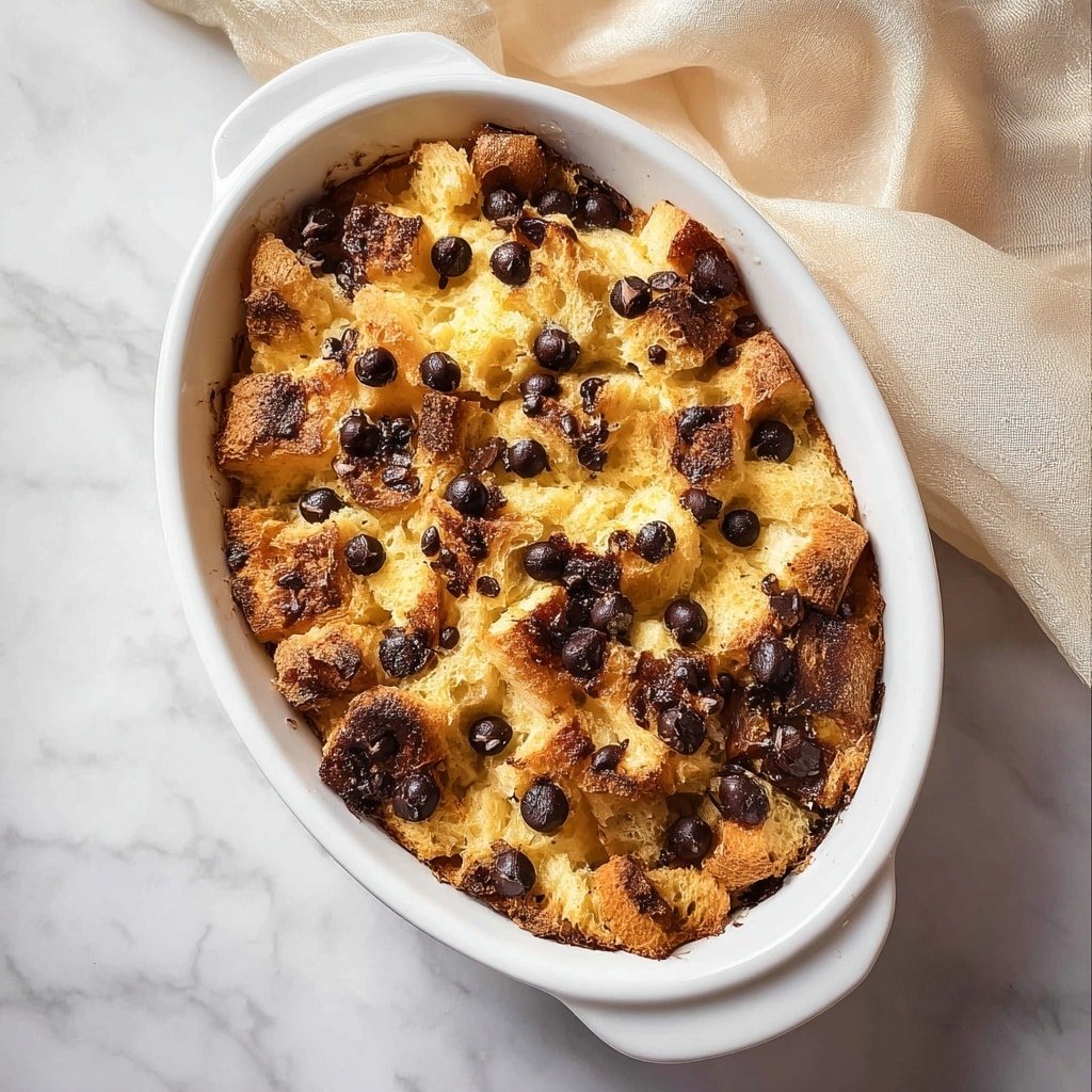 A piece of bread pudding dessert sits on a white fluted plate, showing three visible layers: a golden brown crusty top with toasted texture, scattered dark chocolate pieces melting into the surface, and a soft, light yellow moist bread base below. Creamy white glaze is drizzled thickly over the top, flowing slightly down the sides onto the plate. The dish rests on a white marbled surface with a white soft cloth blurred in the background. Photo taken with an iphone --ar 1:1 --v 7 — Tres Leches Bread Pudding with Chocolate Chips, indulgent tres leches dessert, creamy bread pudding recipe, easy bread pudding with chocolate, rich milky dessert