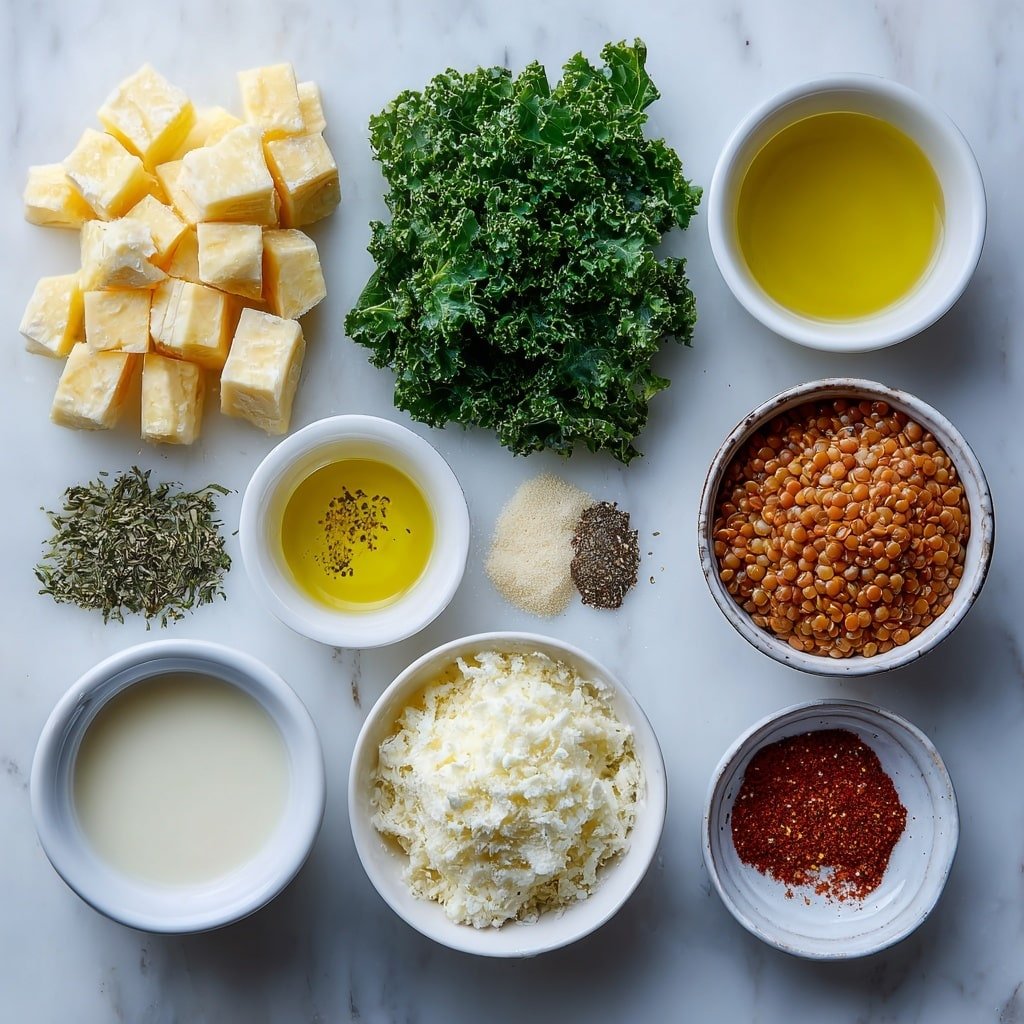 Flat lay of peeled and cubed Japanese sweet potato, a small white bowl of olive oil, a small white bowl of low sodium broth, a small white bowl of heavy cream, a small white bowl of fresh lemon juice, a small pile of dried oregano, a small pile of garlic powder, a small pile of onion powder, a small pile of black pepper, a small pile of sea salt, a small pile of red pepper flakes, a white ceramic bowl filled with drained and rinsed lentils, two large handfuls of chopped fresh kale placed symmetrically, all ingredients arranged in perfect balance on a clean white marble surface, soft natural light, photo taken with an iPhone, professional food photography style, fresh ingredients, white ceramic bowls, no bottles, no duplicates, no utensils, no packaging --ar 1:1 --v 7 --p m7354639359234015250 — Creamy Lentil and Sweet Potato Skillet, healthy lentil and sweet potato dinner, easy one-pan skillet recipe, cozy vegetarian skillet dish, nutritious sweet potato lentil meal
