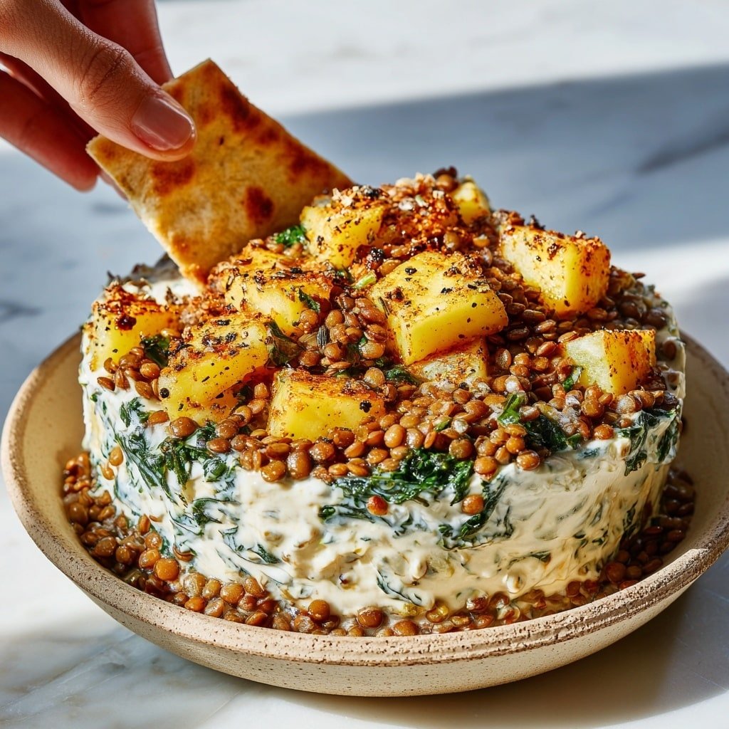 A close-up view of a dish with three main layers: the bottom has a white creamy sauce mixed with green leafy vegetables and black pepper specks, the middle layer shows soft yellow potato chunks, and the top layer is covered with small round brown lentils. On the right side, a woman's hand is picking up a piece of light brown crispy flatbread slightly dipped in the sauce. The dish is set on a white marbled surface, with sunlight highlighting the textures and colors of the food. Photo taken with an iphone --ar 1:1 --v 7 — Creamy Lentil and Sweet Potato Skillet, healthy lentil and sweet potato dinner, easy one-pan skillet recipe, cozy vegetarian skillet dish, nutritious sweet potato lentil meal