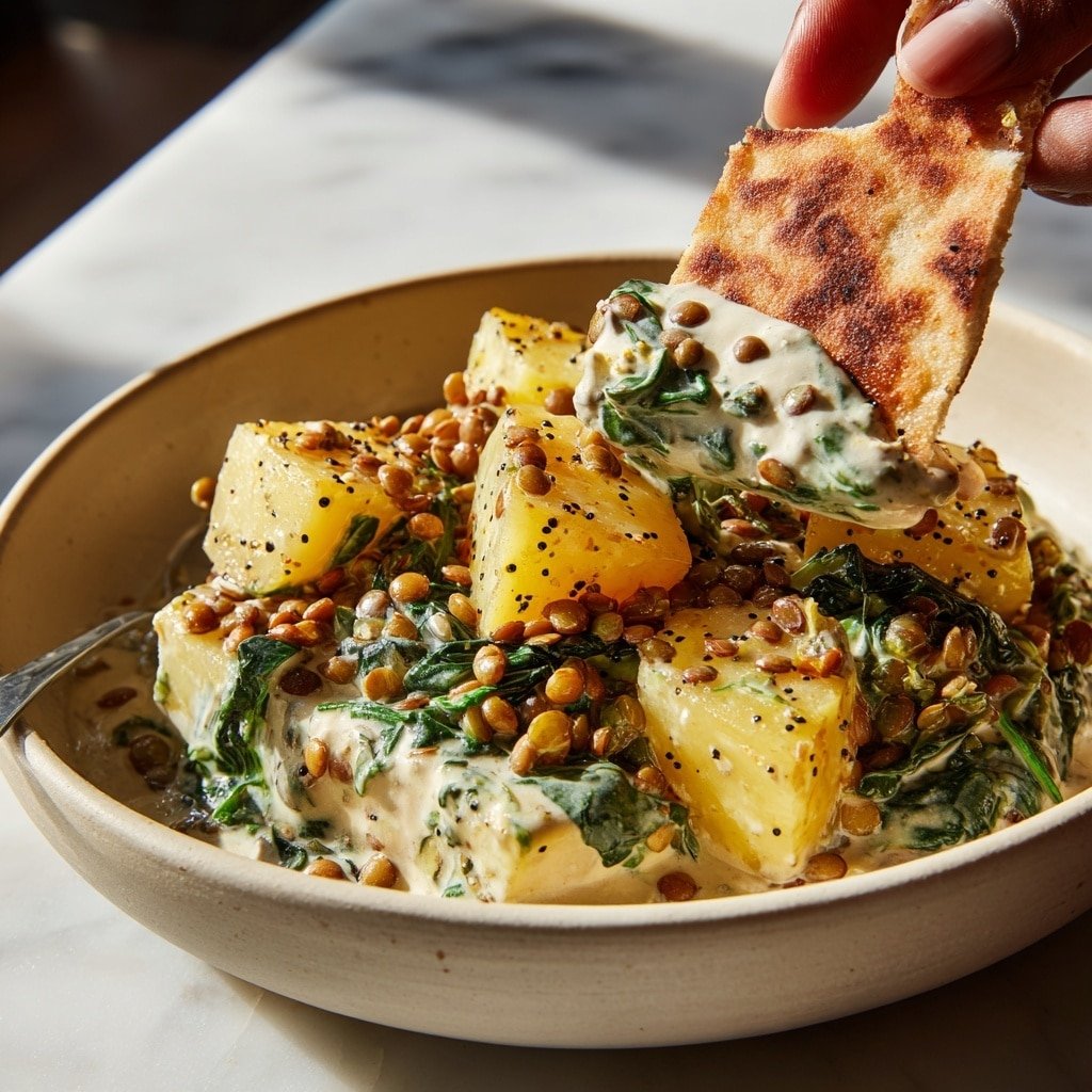 The image shows a close-up of a creamy dish with several layers. The bottom layer is a white creamy sauce spread across the dish. On top of this, there are soft yellow potato chunks scattered evenly. Mixed with the potatoes are small brown lentils adding texture. Green leafy pieces, likely spinach or kale, are also spread out, giving a fresh pop of color. A drizzle of bright orange oil or sauce is poured over the top, creating a contrast with the cream. A woman's hand holds a small folded flatbread, dipping it into the mixture, adding a warm, toasted brown tone near the hand. The dish sits on a white marbled surface. photo taken with an iphone --ar 1:1 --v 7 — Creamy Lentil and Sweet Potato Skillet, healthy lentil and sweet potato dinner, easy one-pan skillet recipe, cozy vegetarian skillet dish, nutritious sweet potato lentil meal