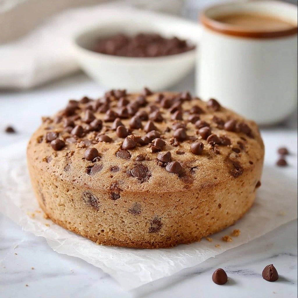 A single round cake sits on white parchment paper on a white marbled surface. The cake is light brown with a slightly rough, spongy texture and is topped generously with many small, shiny, dark brown chocolate chips spread unevenly across the top. Some chocolate chips are embedded near the top edges, and a few lie scattered on the parchment paper around the cake. In the out-of-focus background, there is a white mug with a thin brown rim and a bowl filled with more chocolate chips, all softly lit with natural light. photo taken with an iphone --ar 1:1 --v 7 — Healthy Greek Yogurt Banana Cake, Greek Yogurt Banana Cake, Healthy Banana Cake Recipe, Moist Banana Cake with Greek Yogurt, Easy Healthy Banana Cake