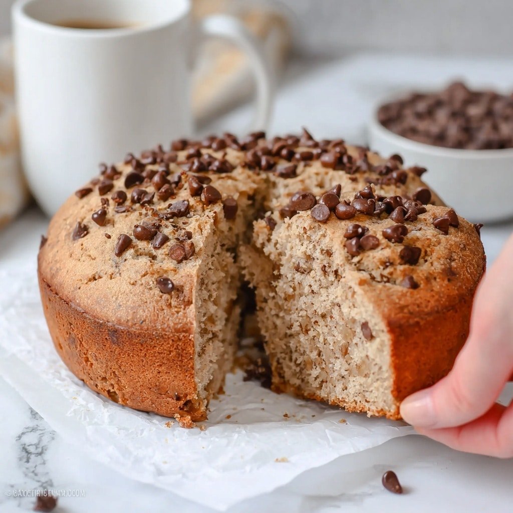 A round cake with one layer sits on a white marbled surface. It is light brown with many small chocolate chips scattered all over the top and slightly melted into the surface, giving a soft texture. A slice has been taken out revealing the inside, which is the same light brown color, soft and crumbly. The cake rests on a white plate, and a gold cake server is lifting the slice. In the background, a clear bowl with more chocolate chips and a plain white cup are partially visible. Photo taken with an iphone --ar 1:1 --v 7 — Healthy Greek Yogurt Banana Cake, Greek Yogurt Banana Cake, Healthy Banana Cake Recipe, Moist Banana Cake with Greek Yogurt, Easy Healthy Banana Cake
