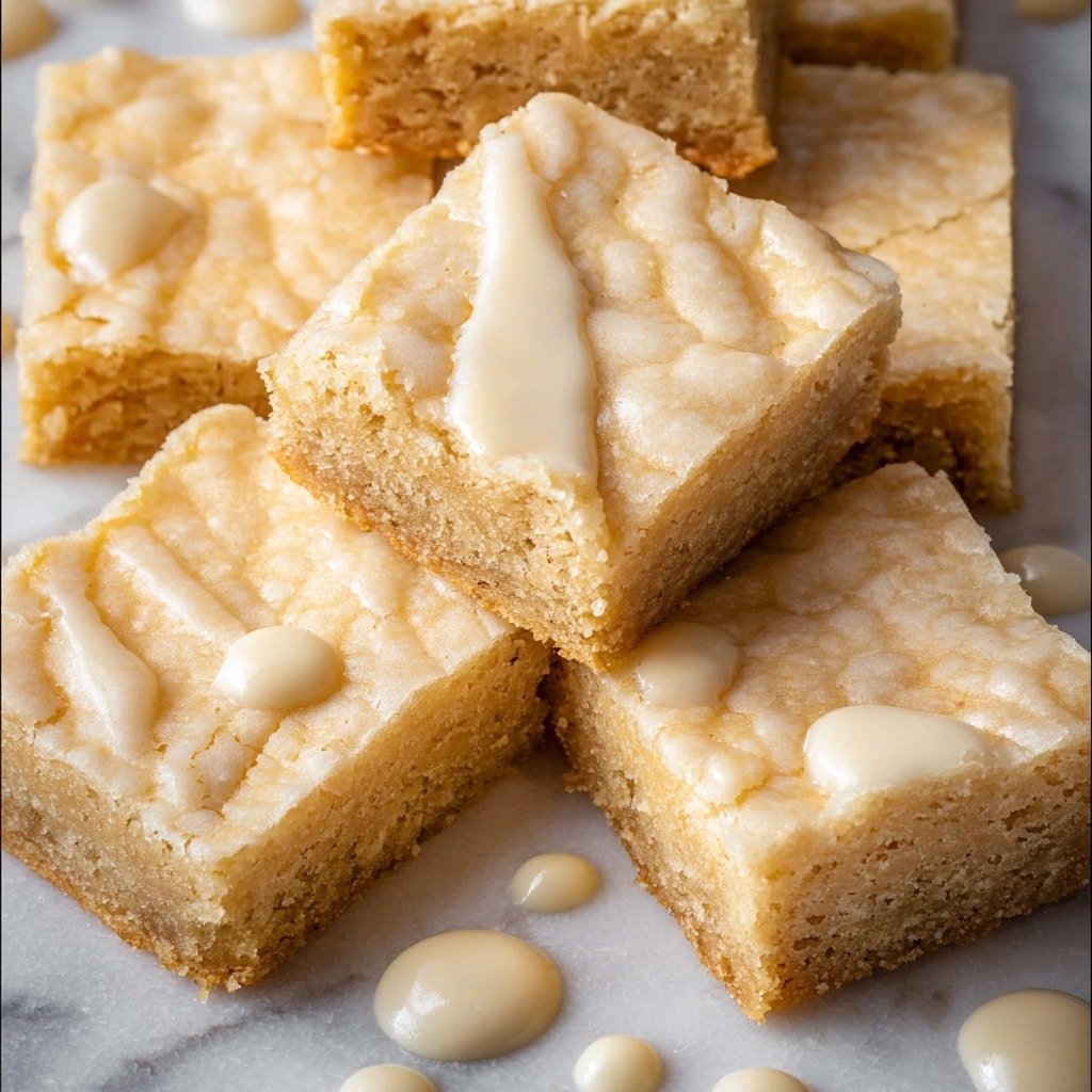 This image shows several square blondie pieces arranged closely together on a white marbled surface. Each blondie is thick with a slightly cracked, pale golden top layer that looks shiny and smooth. The edges have a light golden-brown color, and you can see a denser, soft textured layer beneath the top. Small drops of creamy white sauce or glaze are dotted around the blondies, adding a bit of shine to the scene. Photo taken with an iphone --ar 1:1 --v 7 — Creamy White Chocolate Brownies, White Chocolate Brownies Recipe, White Chocolate Brownies, Easy White Chocolate Brownies, White Chocolate Dessert