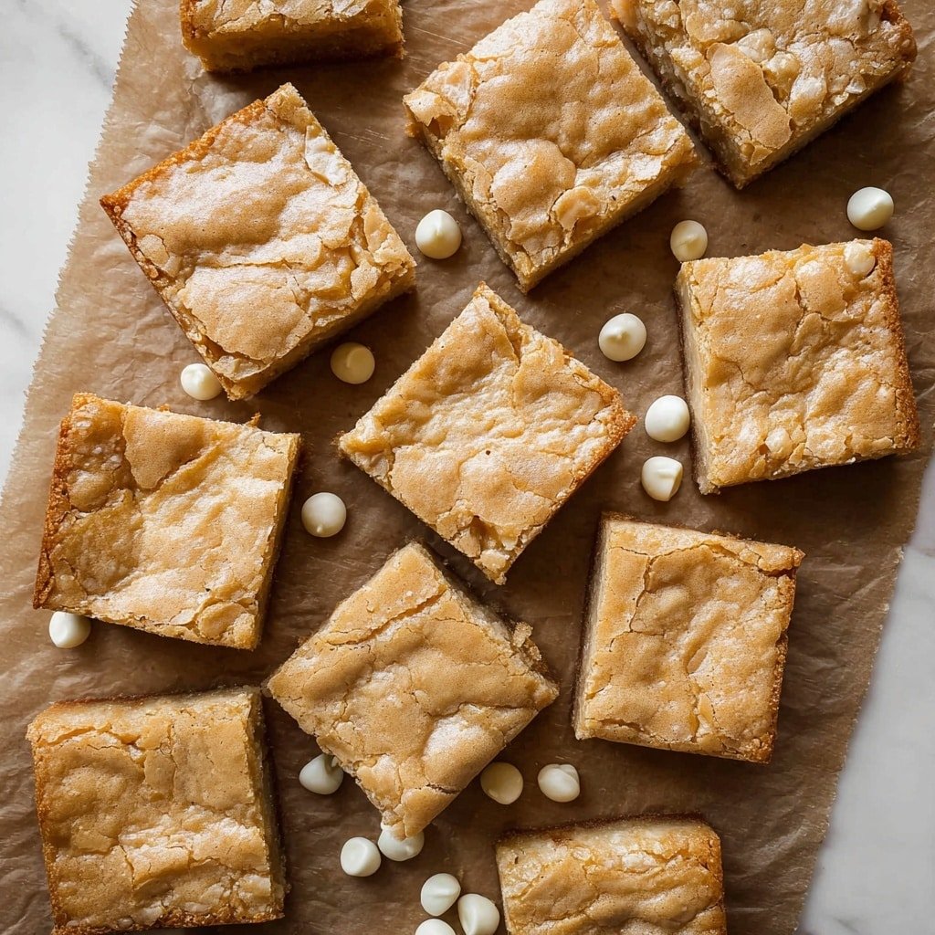 The image shows a close-up view of nine square pieces of dessert arranged in a 3x3 grid on a white marbled surface. Each piece has a light golden-brown color with a slightly cracked, shiny top layer that looks thin and crispy. The squares have sharp edges and a soft, dense texture underneath the crust, showing little variation in height. The uniformity and neatness of the pieces make the dessert look freshly baked and carefully prepared. Photo taken with an iphone --ar 1:1 --v 7 — Creamy White Chocolate Brownies, White Chocolate Brownies Recipe, White Chocolate Brownies, Easy White Chocolate Brownies, White Chocolate Dessert