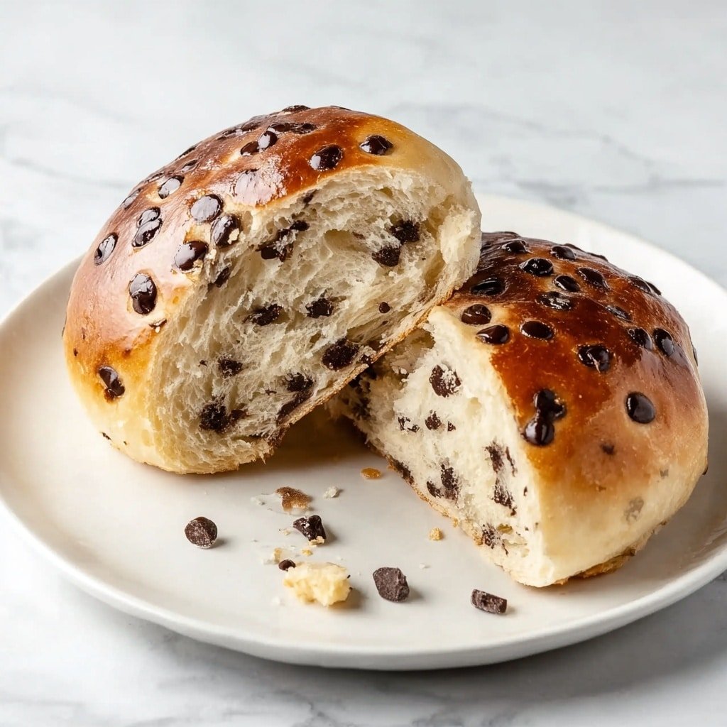 A stack of four shiny golden brown chocolate chip buns sits on a white cloth with a soft, wrinkled texture on a white marbled surface. The buns have scattered dark chocolate chips visible on the shiny top. One bun is split open, showing its soft inside full of chocolate chips throughout the light, fluffy bread. A small bowl with a butter pat appears softly blurred in the background. A few chocolate chips and crumbs are scattered on the white marbled surface near the buns. photo taken with an iphone --ar 1:1 --v 7 — Fluffy Chocolate Chip Milk Buns, soft milk bun recipe, chocolate chip bread, enriched dough buns, easy sweet bread recipes