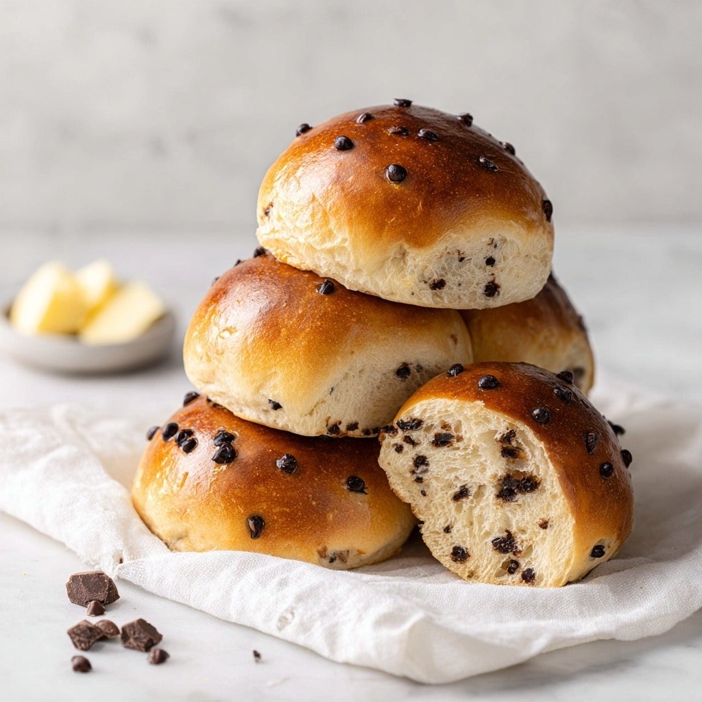 A white plate holds two halves of a soft, round chocolate chip bun. The bun's outside has a shiny, golden-brown crust dotted with chocolate chips. Inside, the bun is light and fluffy, filled with many small, dark chocolate chips spread evenly throughout the creamy-colored dough. There are a few loose chocolate chips and crumbs on the plate, which rests on a white marbled surface. The scene shows the bun ready to eat, with soft textures and warm tones. photo taken with an iphone --ar 1:1 --v 7 — Fluffy Chocolate Chip Milk Buns, soft milk bun recipe, chocolate chip bread, enriched dough buns, easy sweet bread recipes