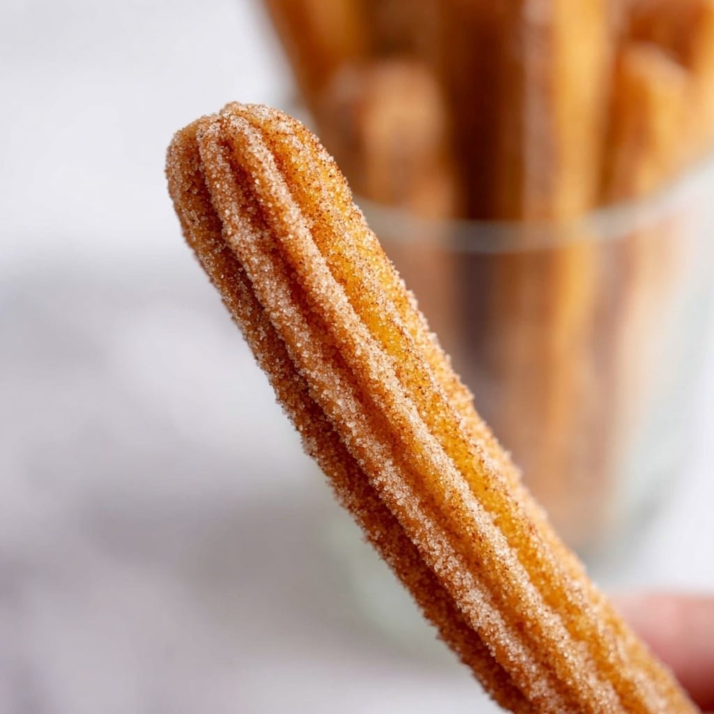 A close-up of a single churro held by a woman's hand, showing its long, ridged shape covered in a layer of fine sugar and cinnamon, giving it a light brown and slightly grainy texture; in the blurry background, multiple churros appear inside a clear glass container, resting on a white marbled surface. photo taken with an iphone --ar 1:1 --v 7 — Air Fryer Churros with Cinnamon Sugar, easy churros recipe, healthy churros dessert, homemade churros in air fryer, cinnamon sugar churros