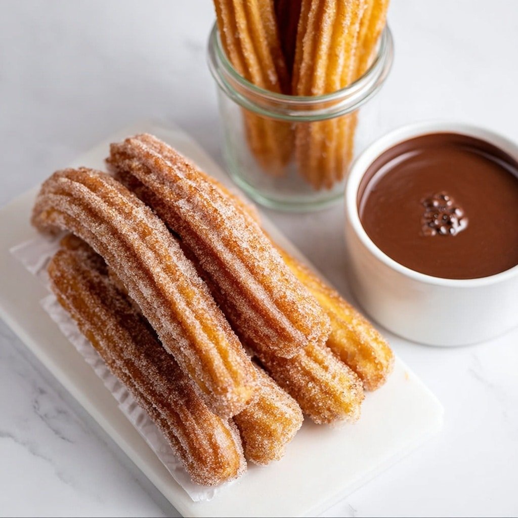 Five golden brown churros stand upright inside a clear glass jar, each churro coated evenly with sugar, showing their ridged, crispy texture. Behind the jar to the right, part of a white cup filled with dark brown chocolate sauce is visible. The background and surface have a clean white marbled texture. Photo taken with an iphone --ar 1:1 --v 7 — Air Fryer Churros with Cinnamon Sugar, easy churros recipe, healthy churros dessert, homemade churros in air fryer, cinnamon sugar churros