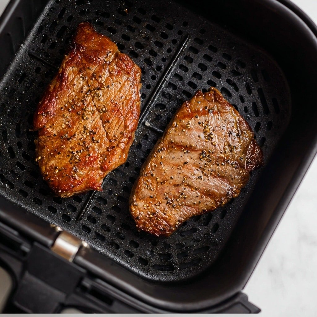 The image shows two cooked steak pieces inside a black air fryer basket with round holes. The right steak is larger and fully visible, with a shiny, brown surface and black pepper flakes spread on top. The left steak is partly shown, with a similar brown, slightly crispy surface. The air fryer basket has a matte black finish with a triangular pattern in the center. The background is a white marbled texture. photo taken with an iphone --ar 1:1 --v 7 — Air Fryer Steak with Garlic Butter, Air Fryer steak cooking tips, easy garlic butter steak recipe, tender steak in air fryer, quick garlic butter steak