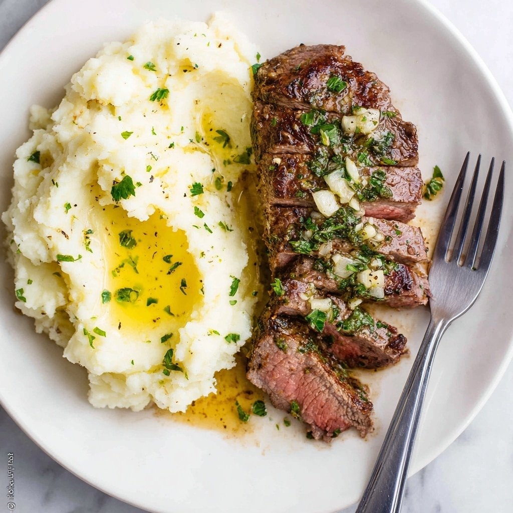 Two thick cooked steaks sit in a black air fryer basket with round holes; the steak on the right has a small dollop of melting butter on top, sprinkled with small bits of chopped green herbs and black pepper. The steak surfaces are shiny with juices and oils, showing a rich brown color with some darker seared spots and lighter marbled fat. The background is dark inside the appliance. photo taken with an iphone --ar 1:1 --v 7 — Air Fryer Steak with Garlic Butter, Air Fryer steak cooking tips, easy garlic butter steak recipe, tender steak in air fryer, quick garlic butter steak